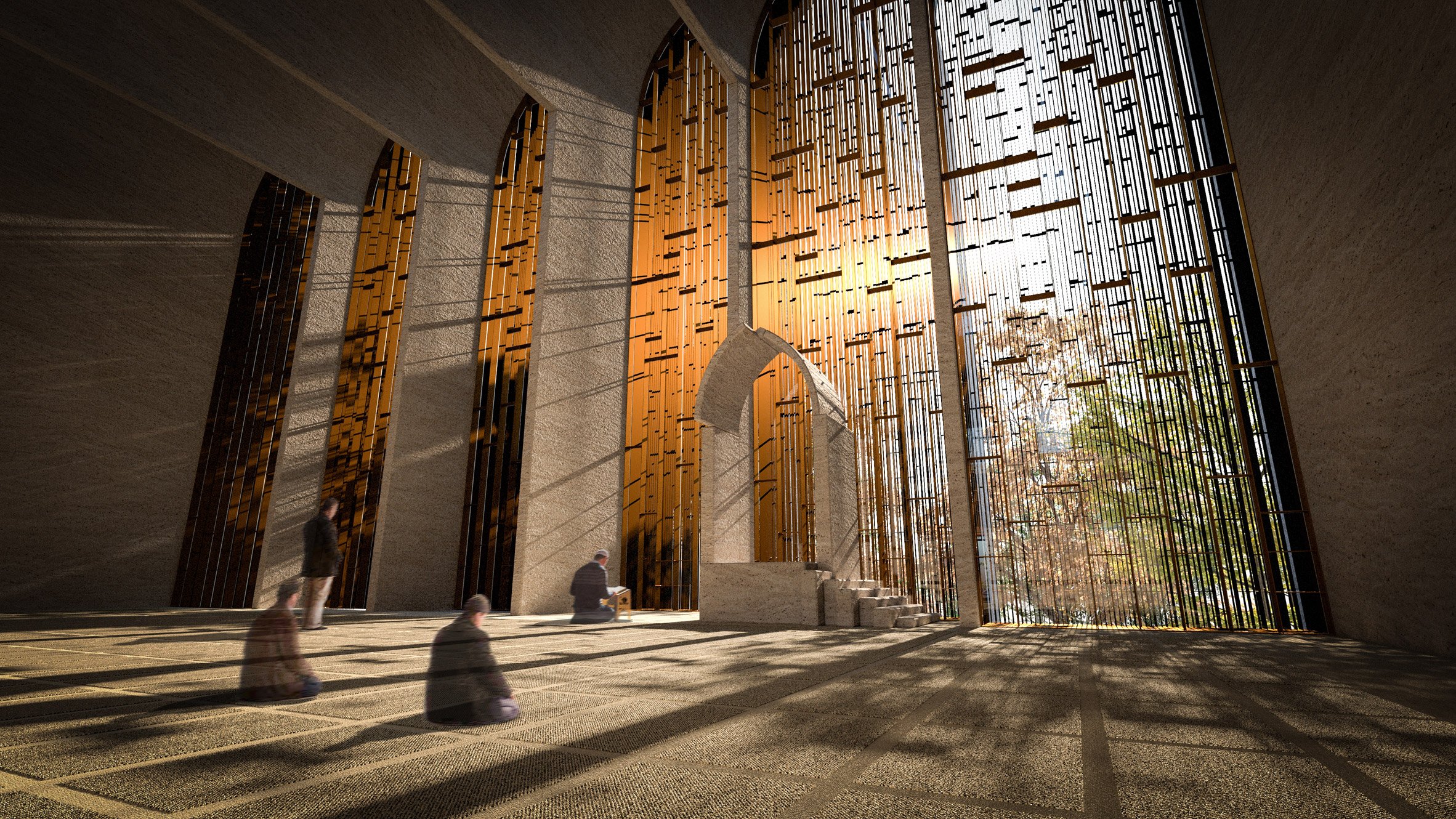 英国普雷斯顿新清真寺 | 铸铜网格屏风与层叠弓形拱门的艺术结合-20