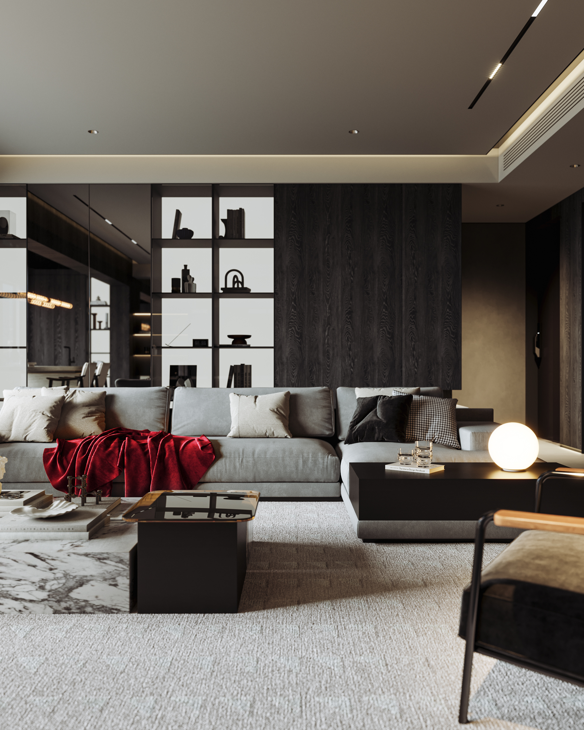 现代黑白灰·大横厅丨冈舍效果图表现-13