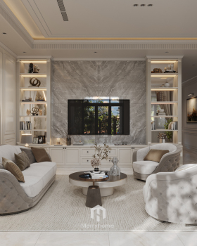 The living room and kitchen are in a neoclassical style