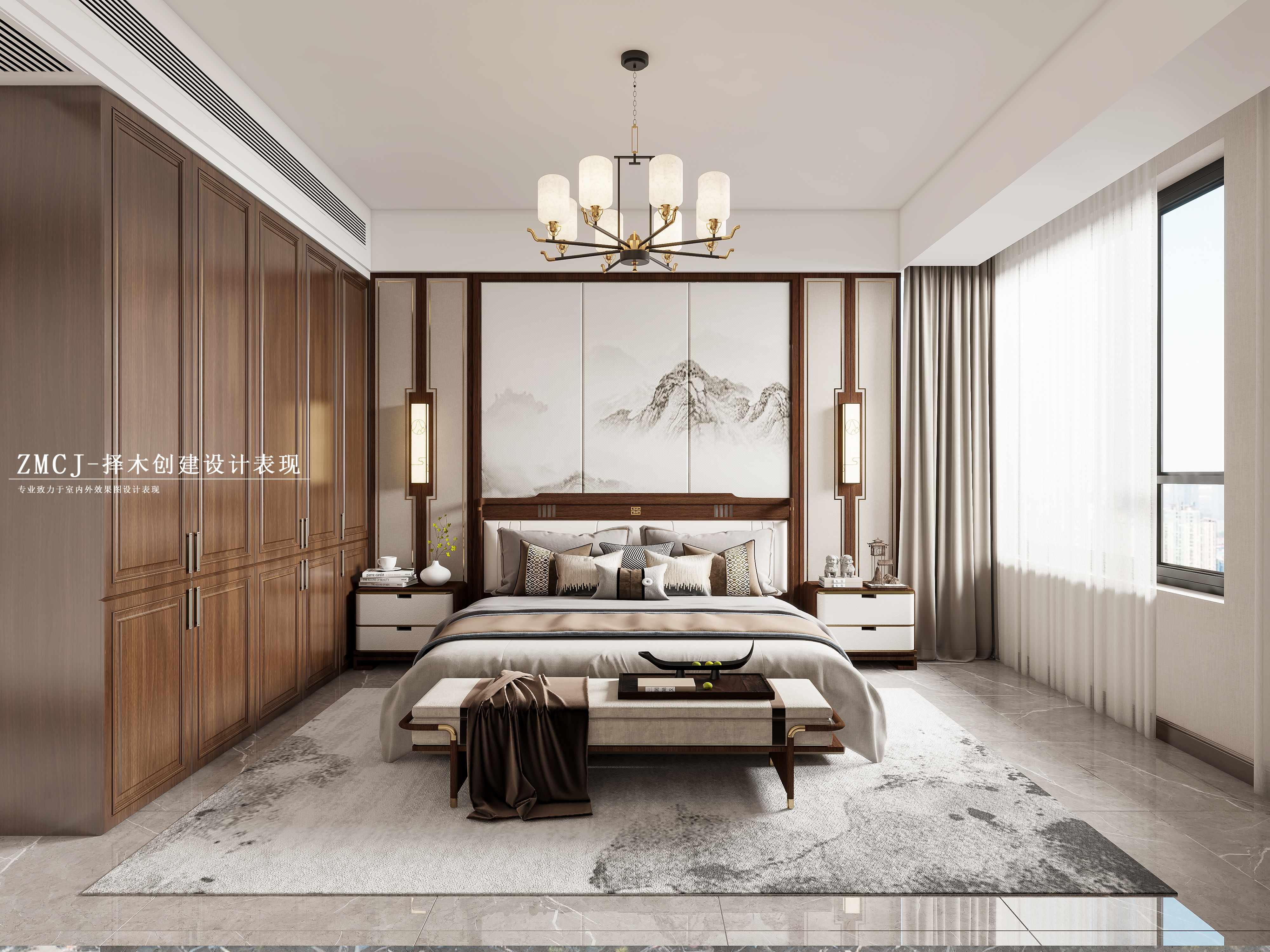 家装-新中式客餐厅厨房书房卧室-7