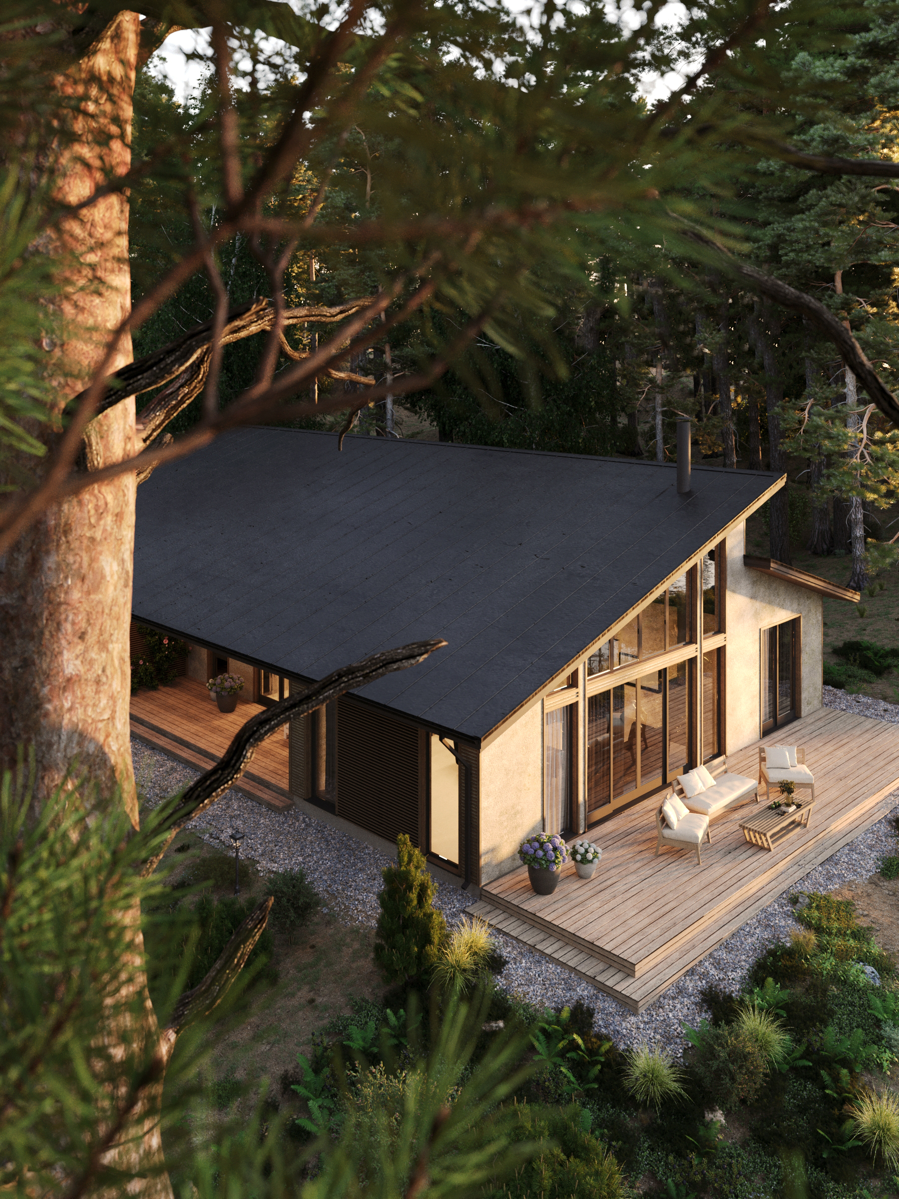 Forest House with Terrace and Pond-10