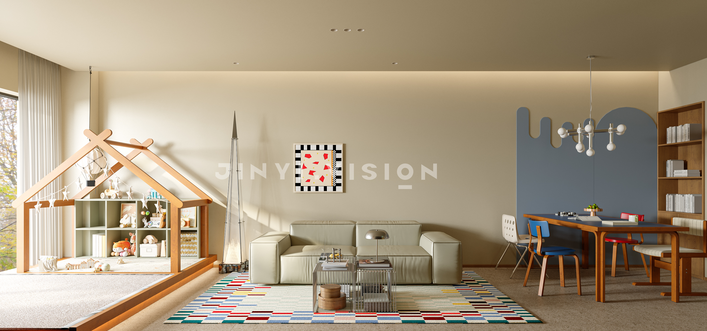 撞色 + 童趣装置，家是会发光的游乐场-4