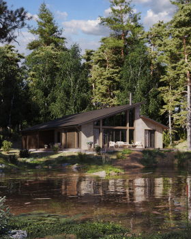 Forest House with Terrace and Pond