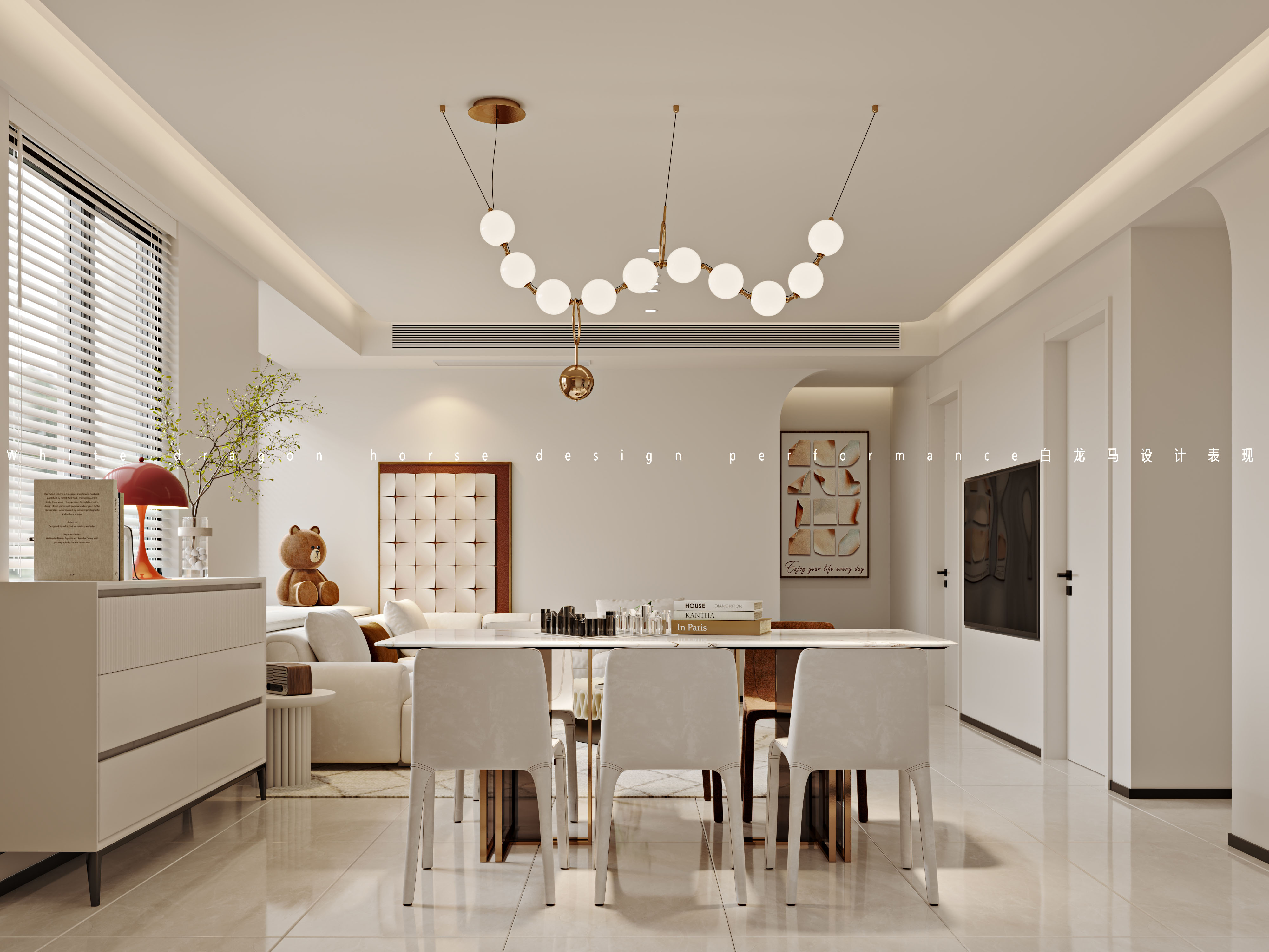 奶油风客餐厅卧室——白龙马效果图-4