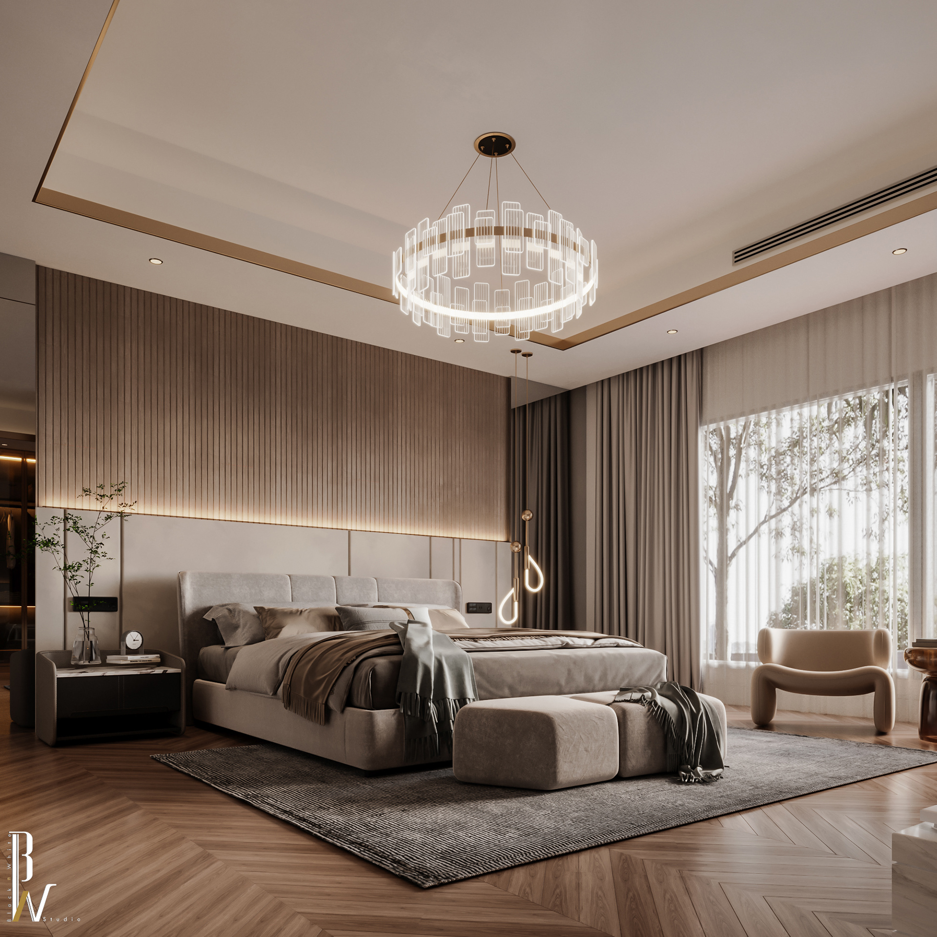 现代主卧室丨阿联酋丨Black N White-10