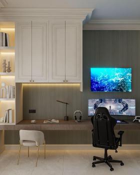 Boy bedroom design with gaming area and bathroom