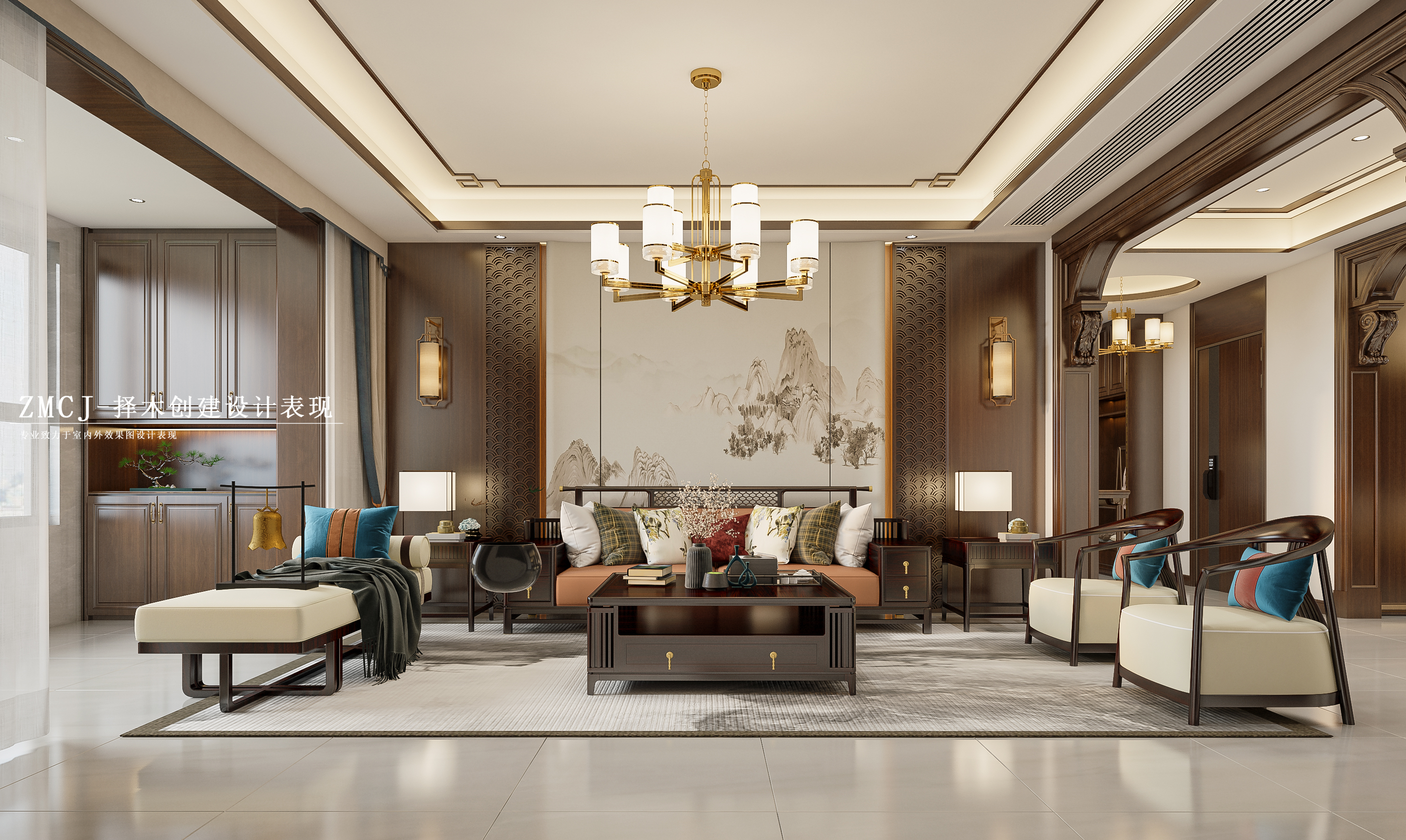 家装-新中式客餐厅厨房书房卧室-2