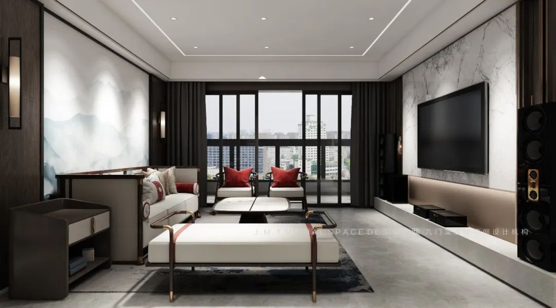 盛天华府 | 130㎡写意新中式家居,红蓝灰调绘诗意空间-5