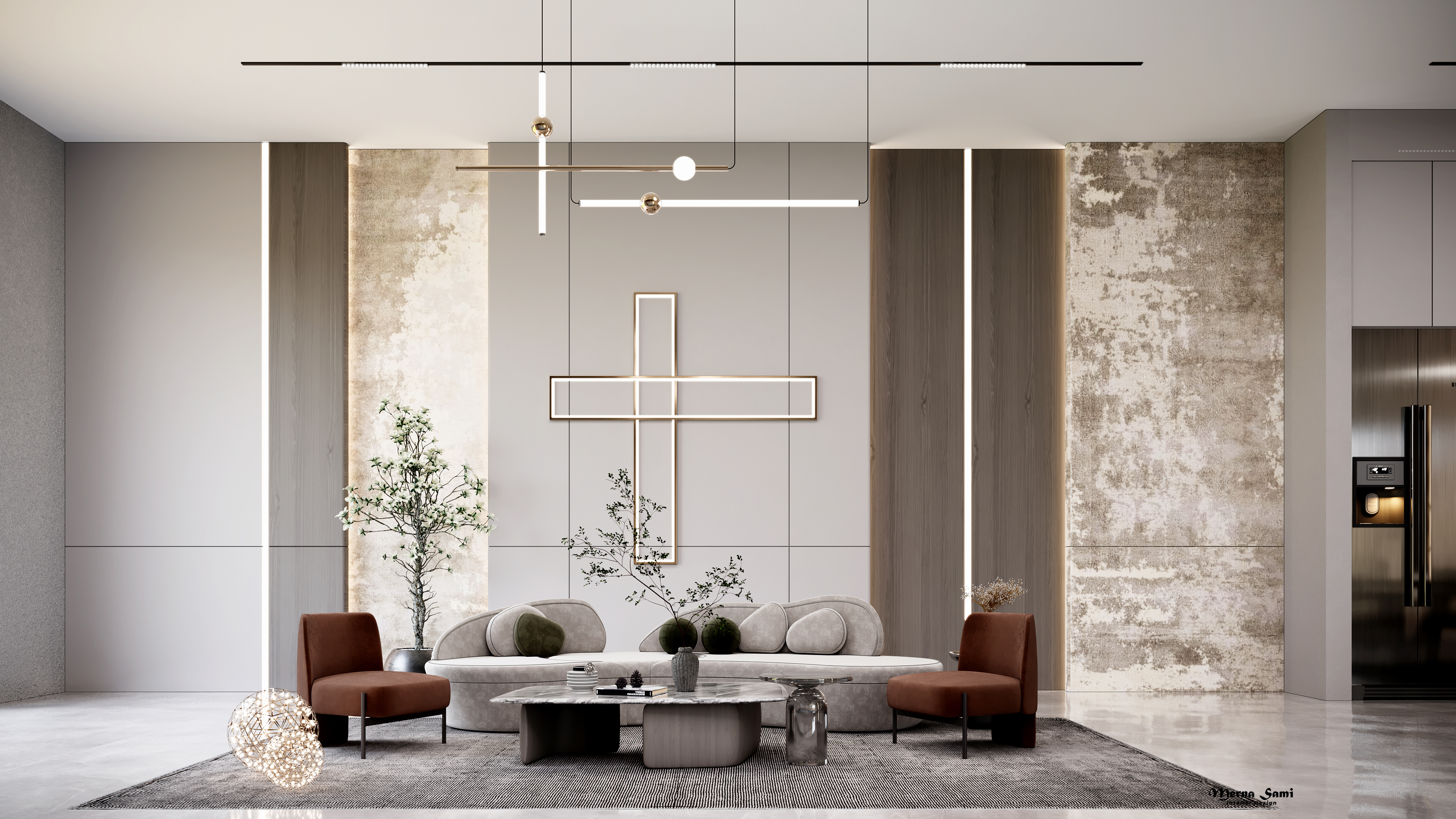 现代室内泳池,开放式厨房和客厅室内设计-7