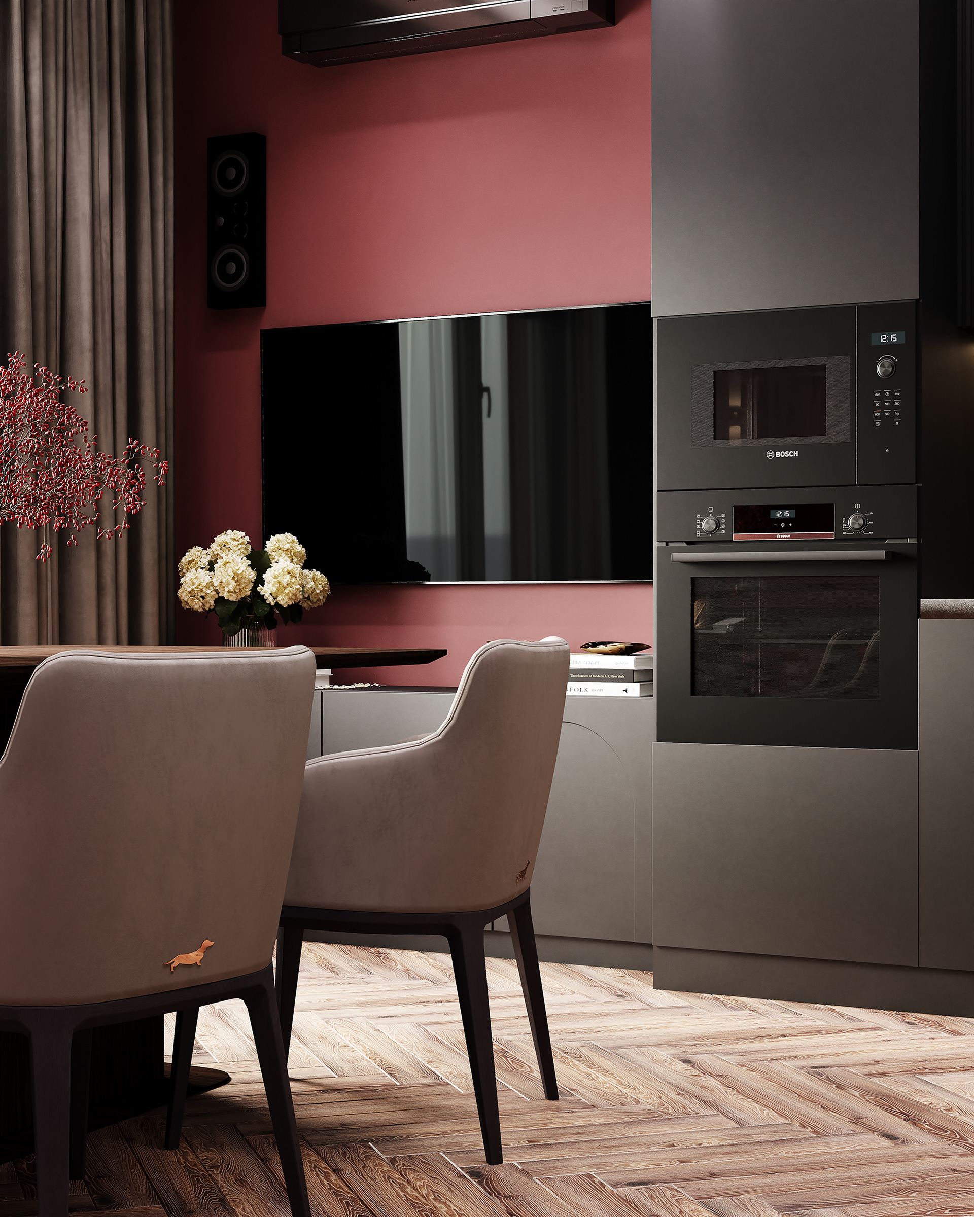 新古典风格带酒红色点缀厨房设计-3