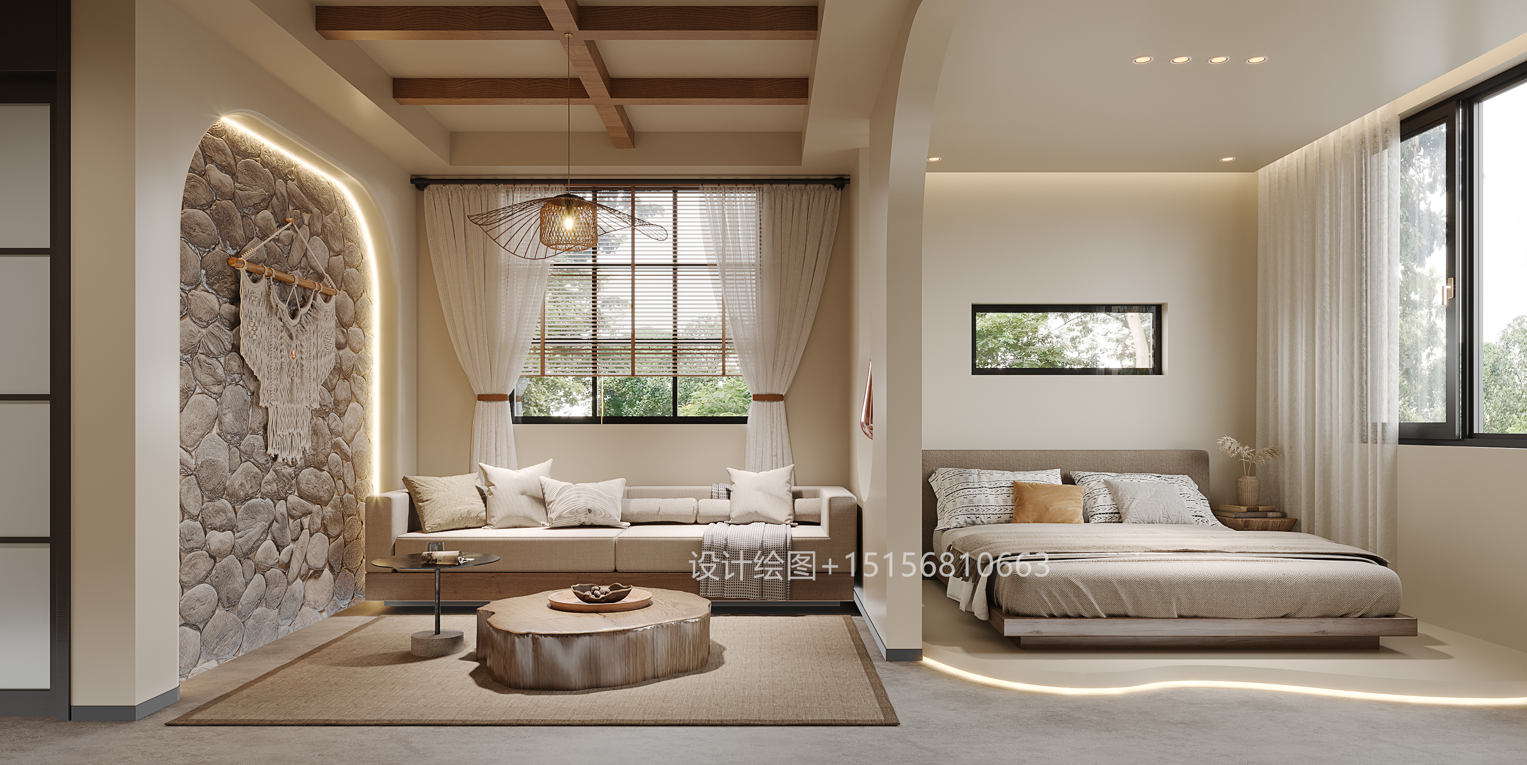 关于民宿的效果图 客房茶室大厅-5