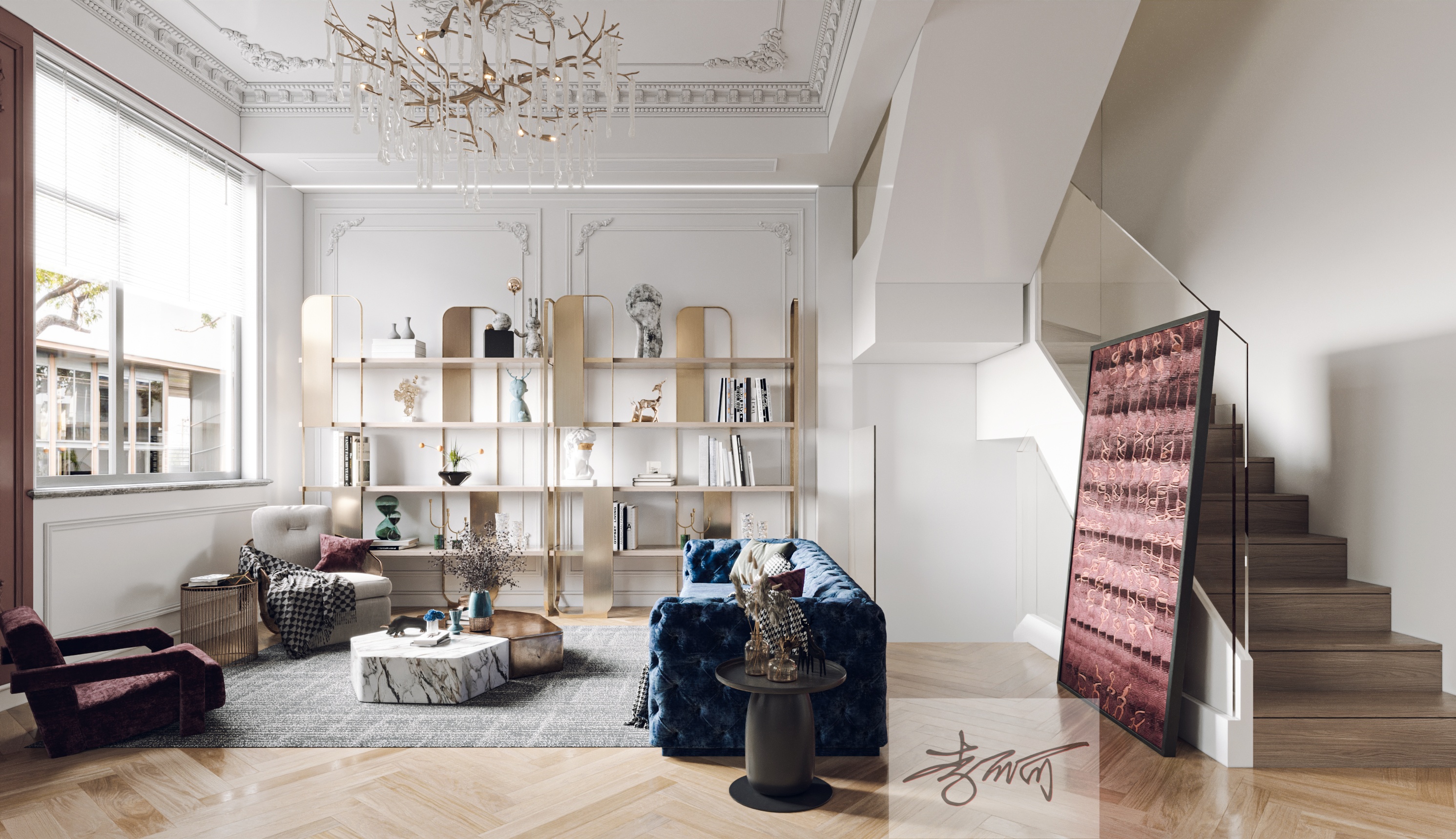 轻法式，雕花石膏线勾勒浪漫，奶油白与淡金碰撞温柔-0