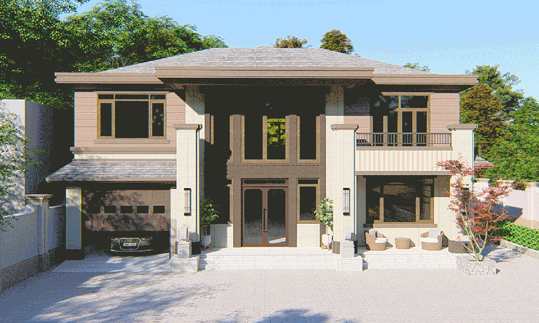 【设计师案例】土建参考造价64万,面宽14.5m×进深13m河北廊坊二层新中式别墅-1