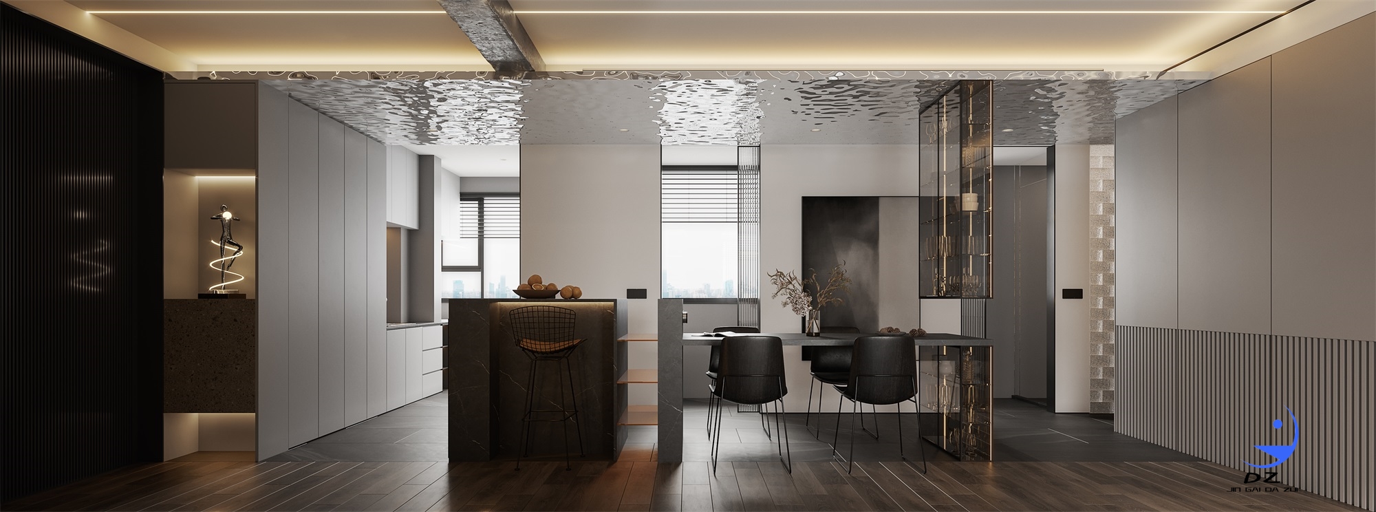 现代黑白系客餐厅卧室过道效果图-2