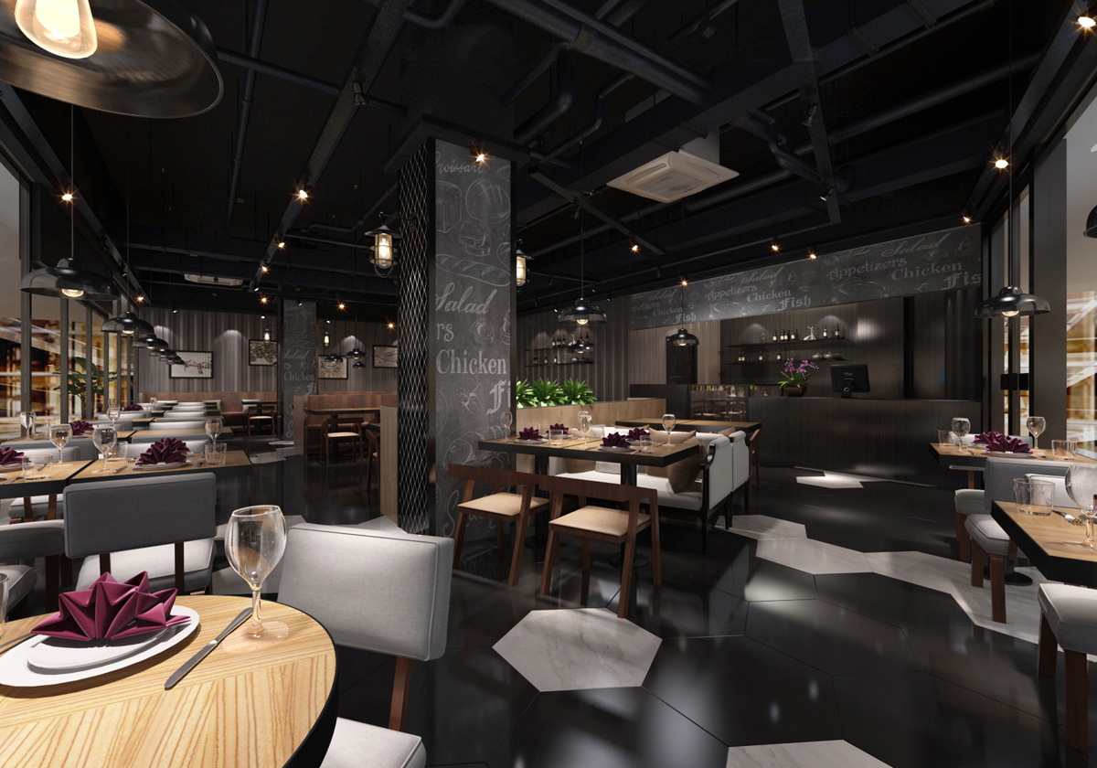 餐厅设计效果图中餐厅餐厅包间包房小吃店面馆工业主题餐厅-3-24