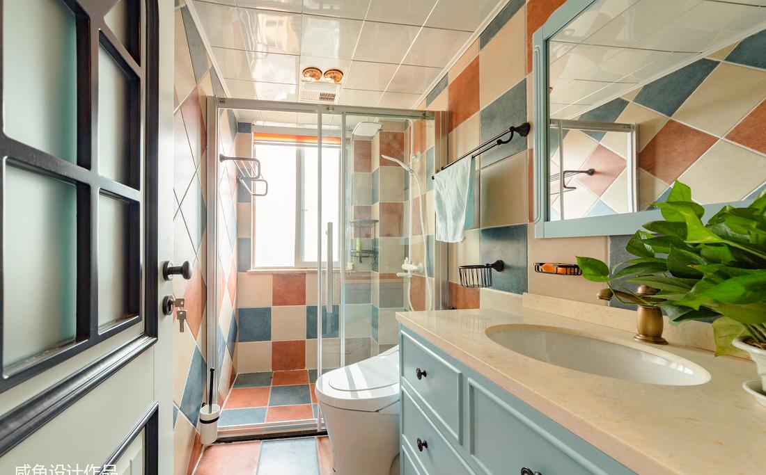 蓝色客厅文化石装饰，儿童房粉红榻榻米-22