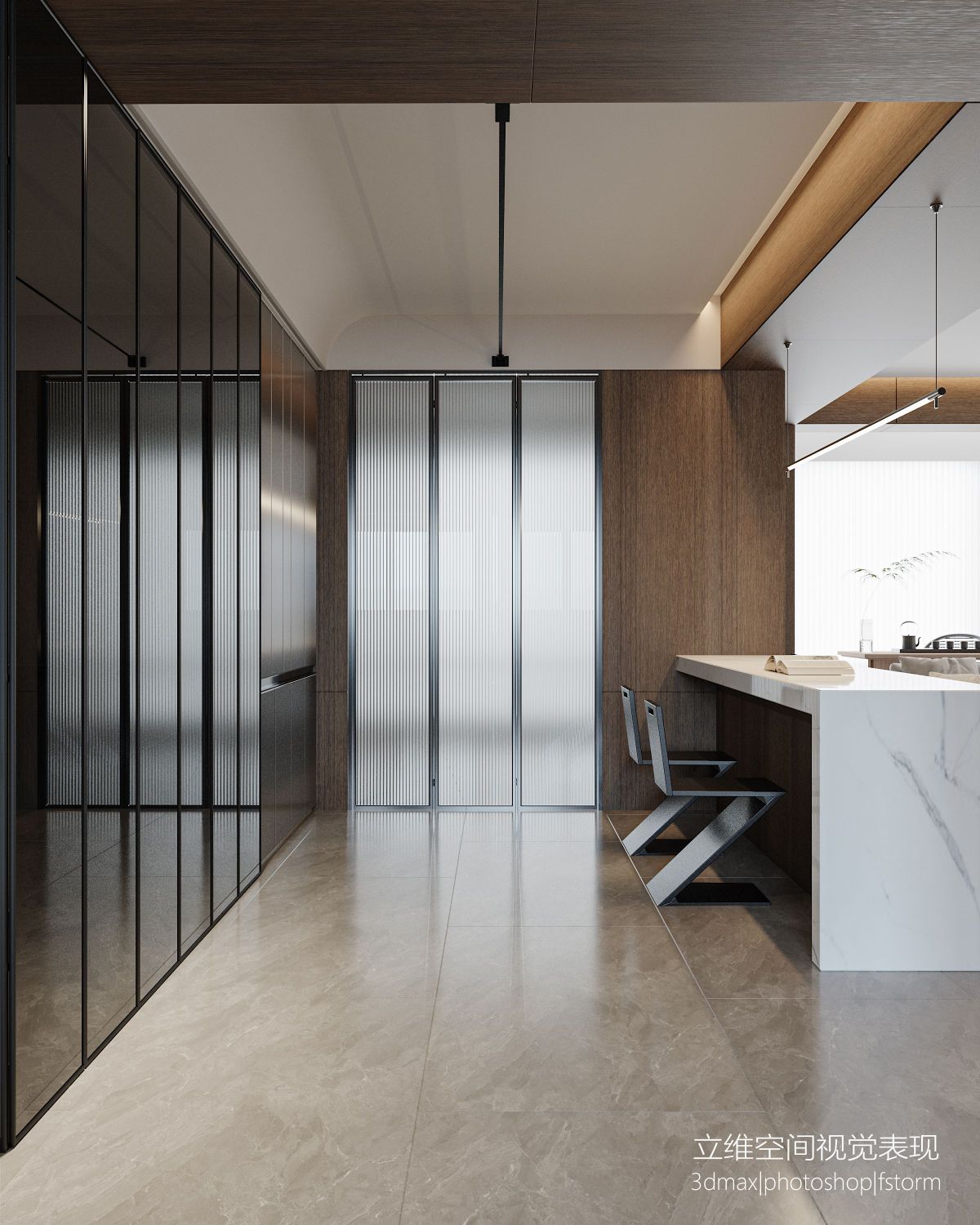 金属与原木的碰撞|现代客餐厅效果图-4