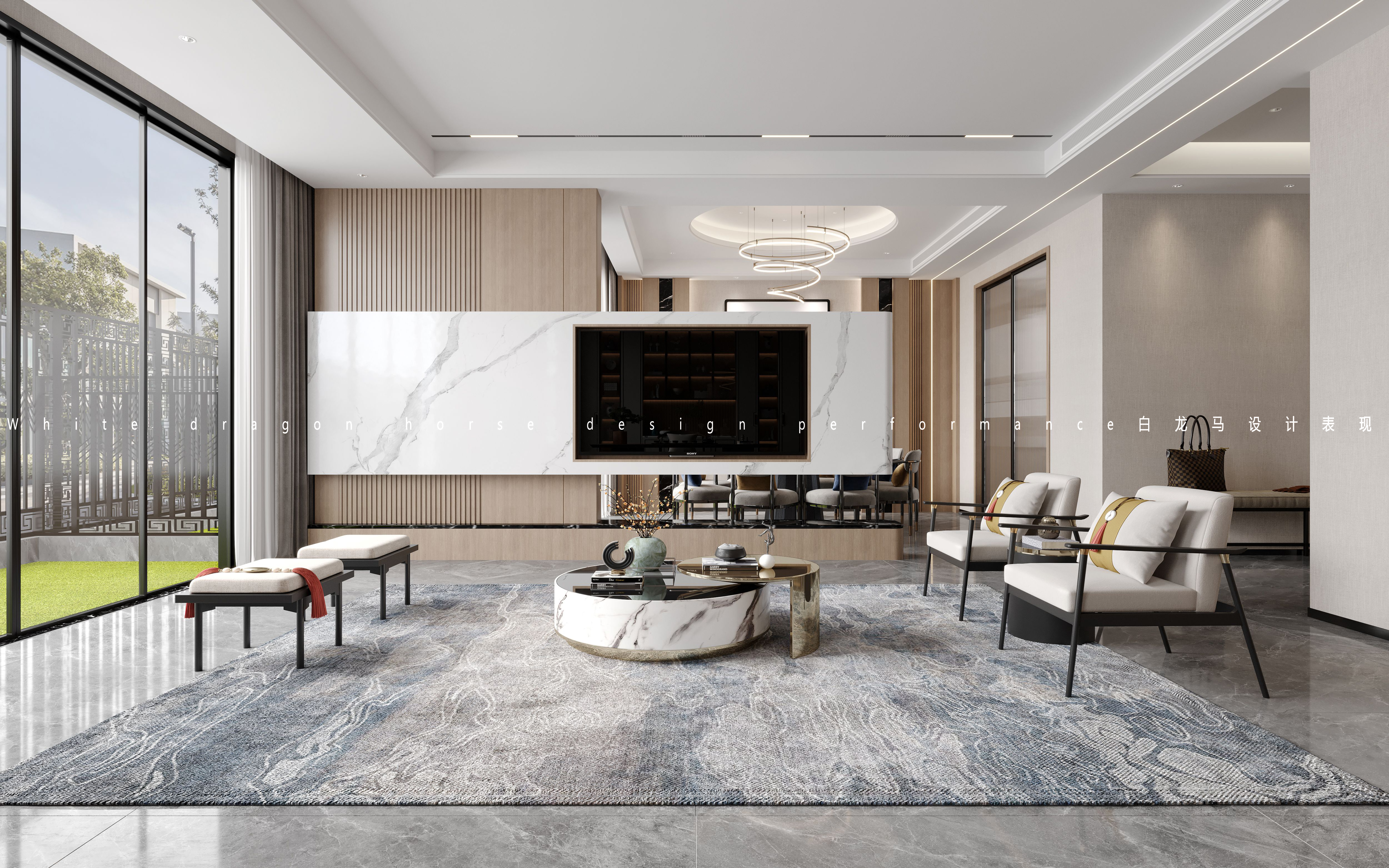 新中式客餐厅卧室——白龙马效果图-0