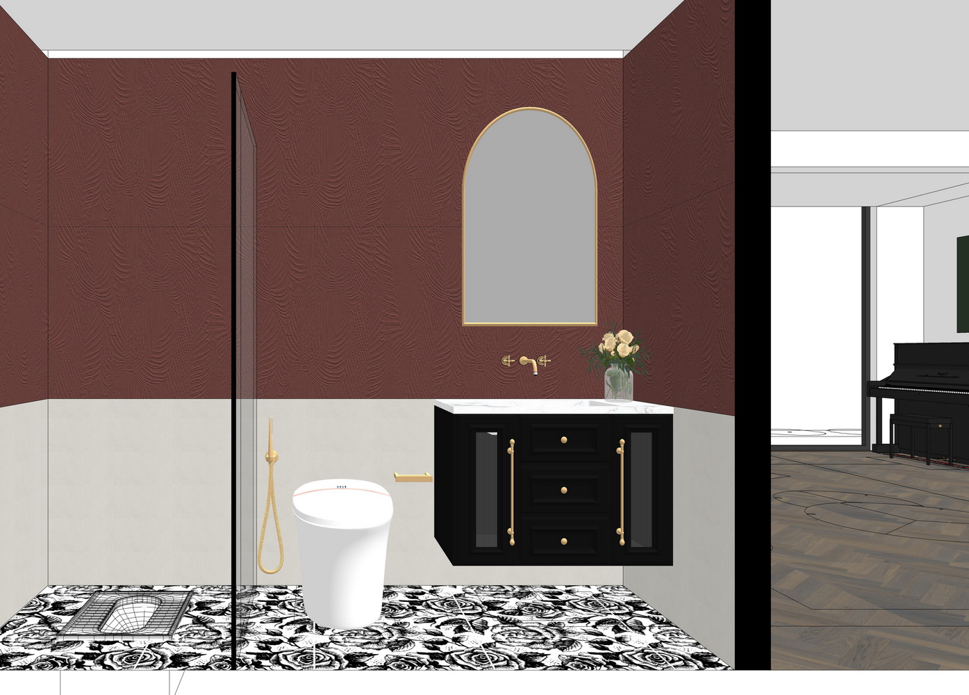 现代中古风别墅私宅1F空间SU模型-1