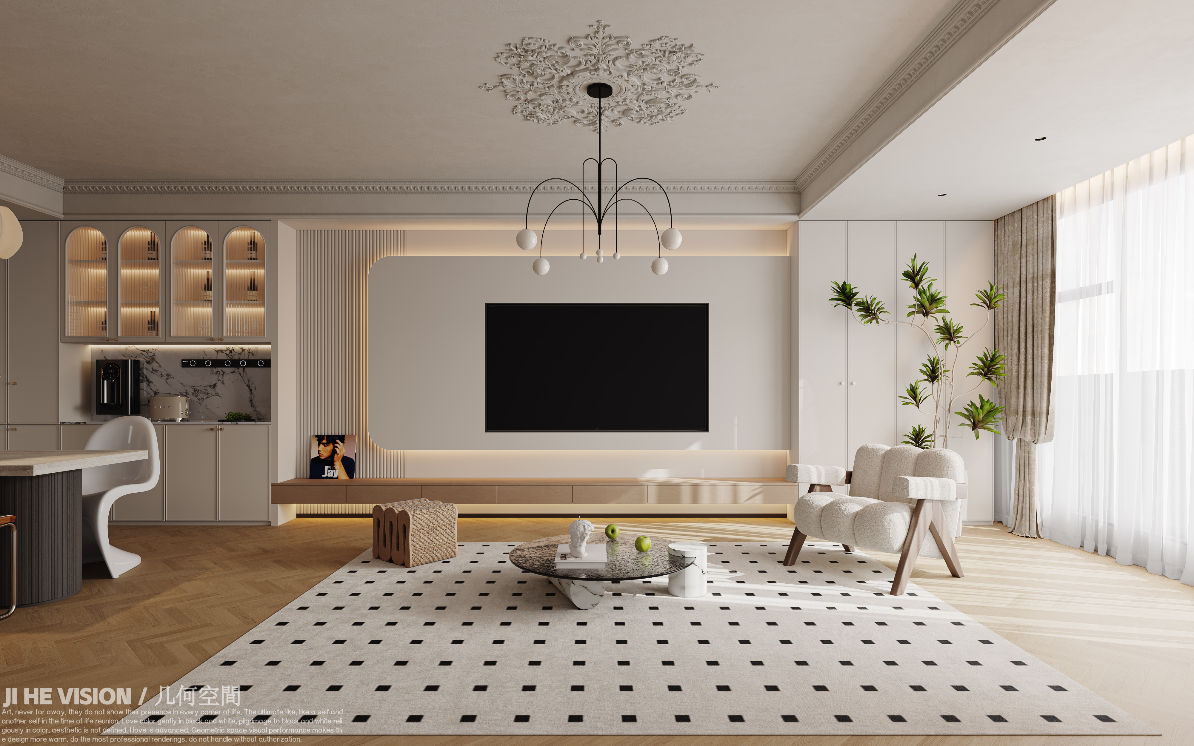 几何空间视觉表现 | 万科朗拾森屿法式奶油风客餐厅-1