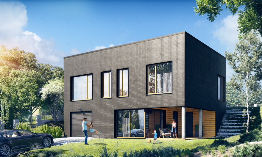 黑色极简风格现代方形住宅-0