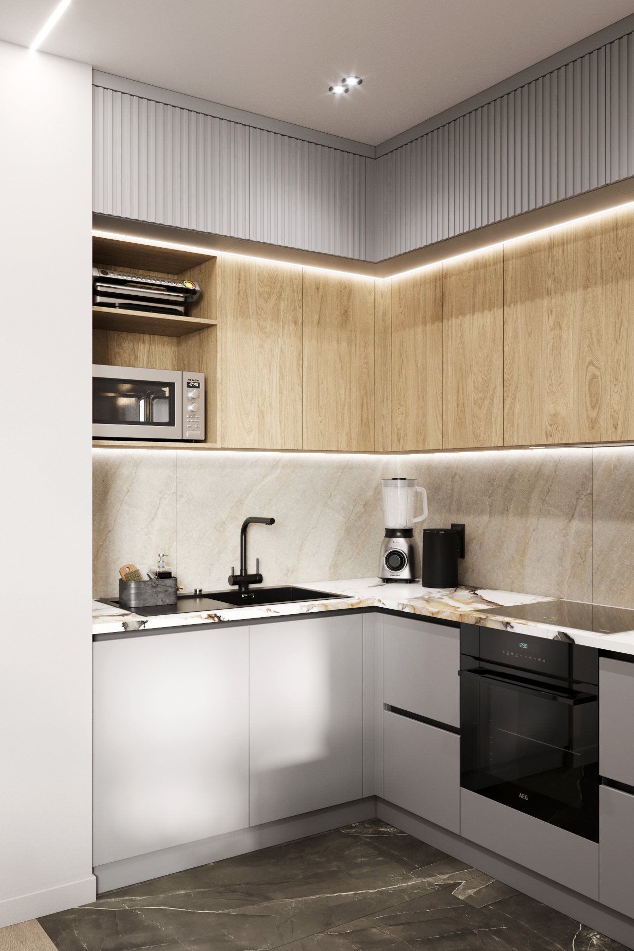 Кухня-гостиная с множеством систем хранения-5