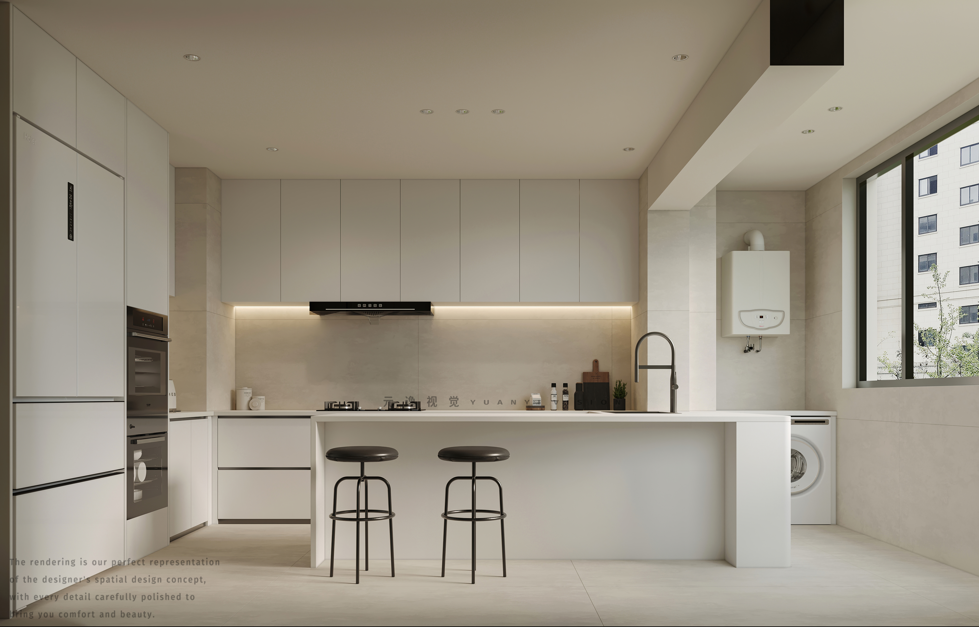 现代中古风客餐厅厨房设计丨个人效果图接单-11