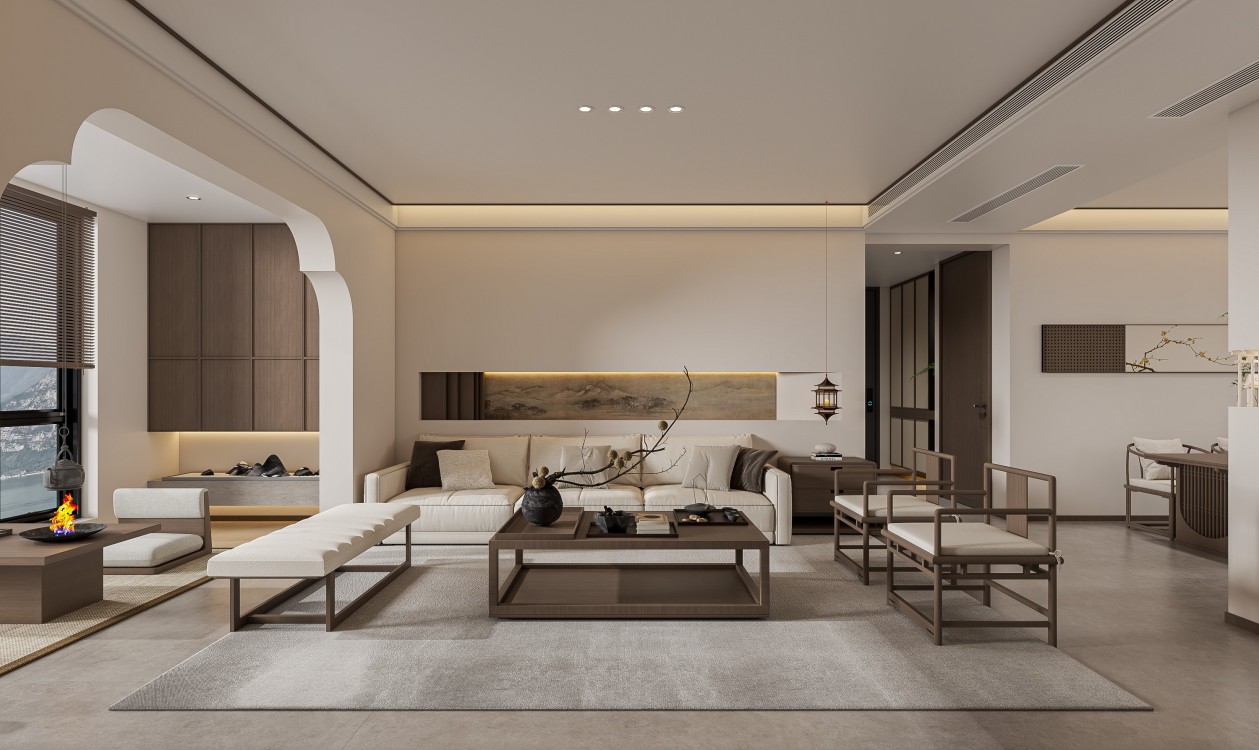 禅意新中式客餐厅效果图表现-0