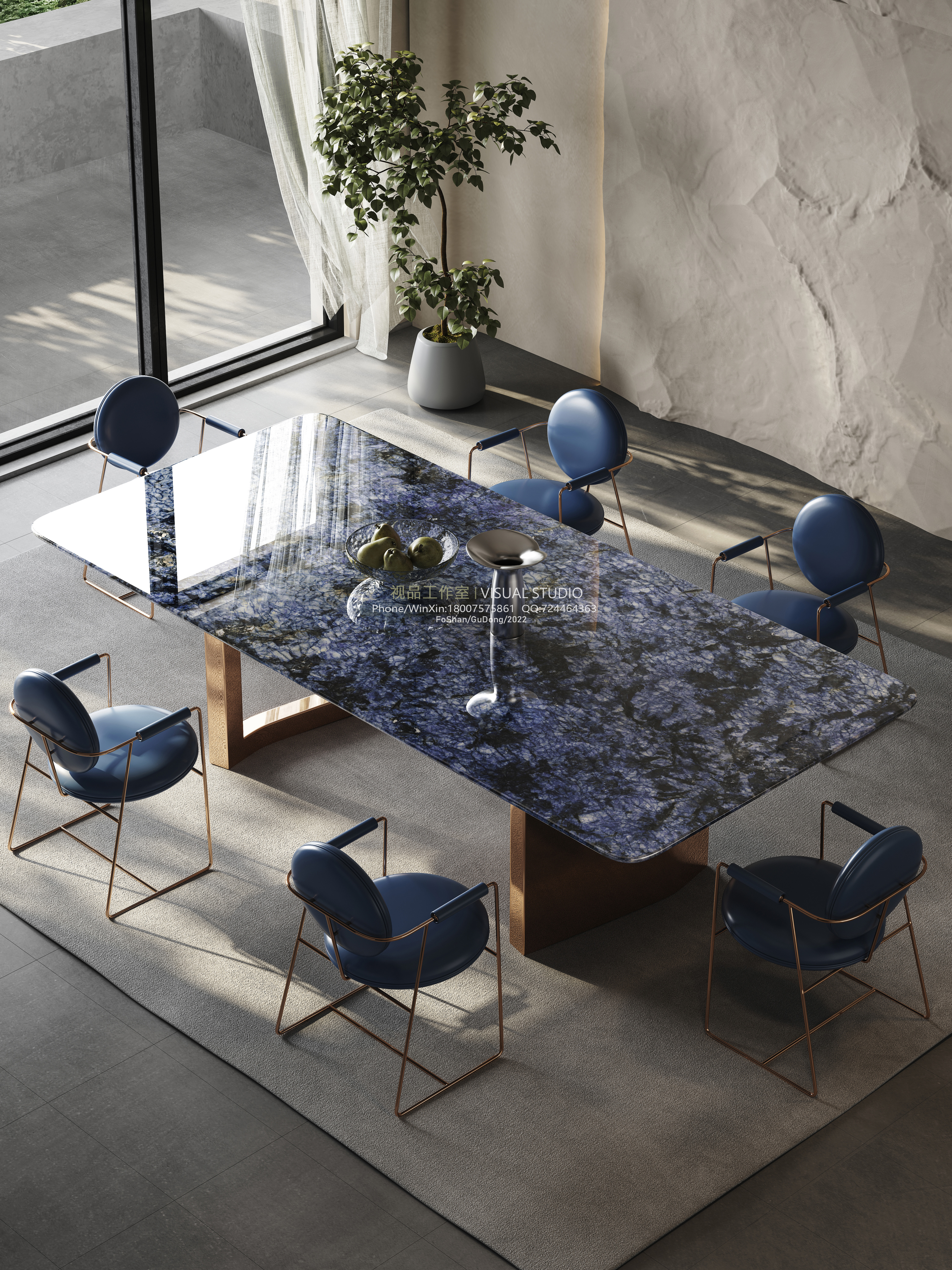 诧寂风格奢石方形餐桌写实效果图-4