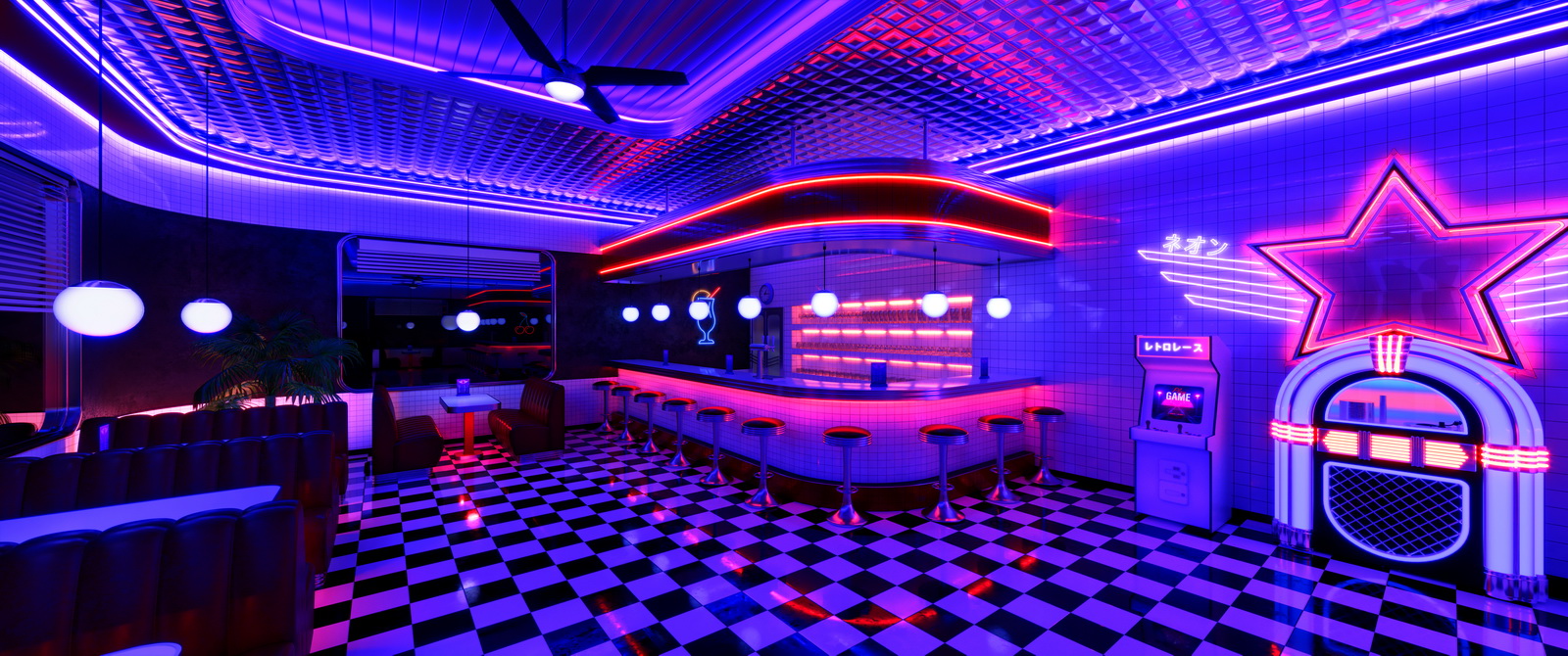 Retro diner interior with jukebox and arcade machine.-2