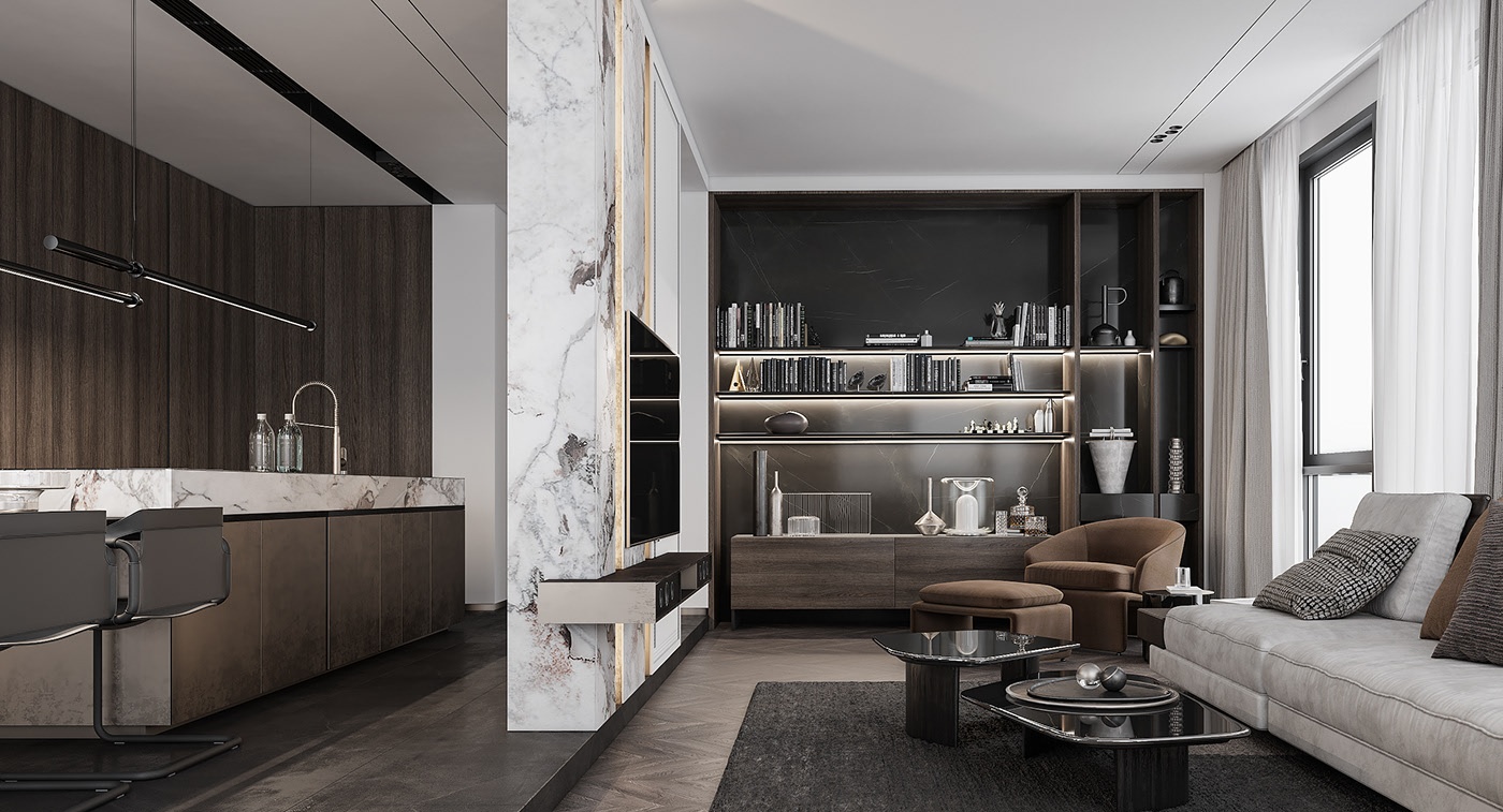 白色大理石与黑色调的搭配设计-0