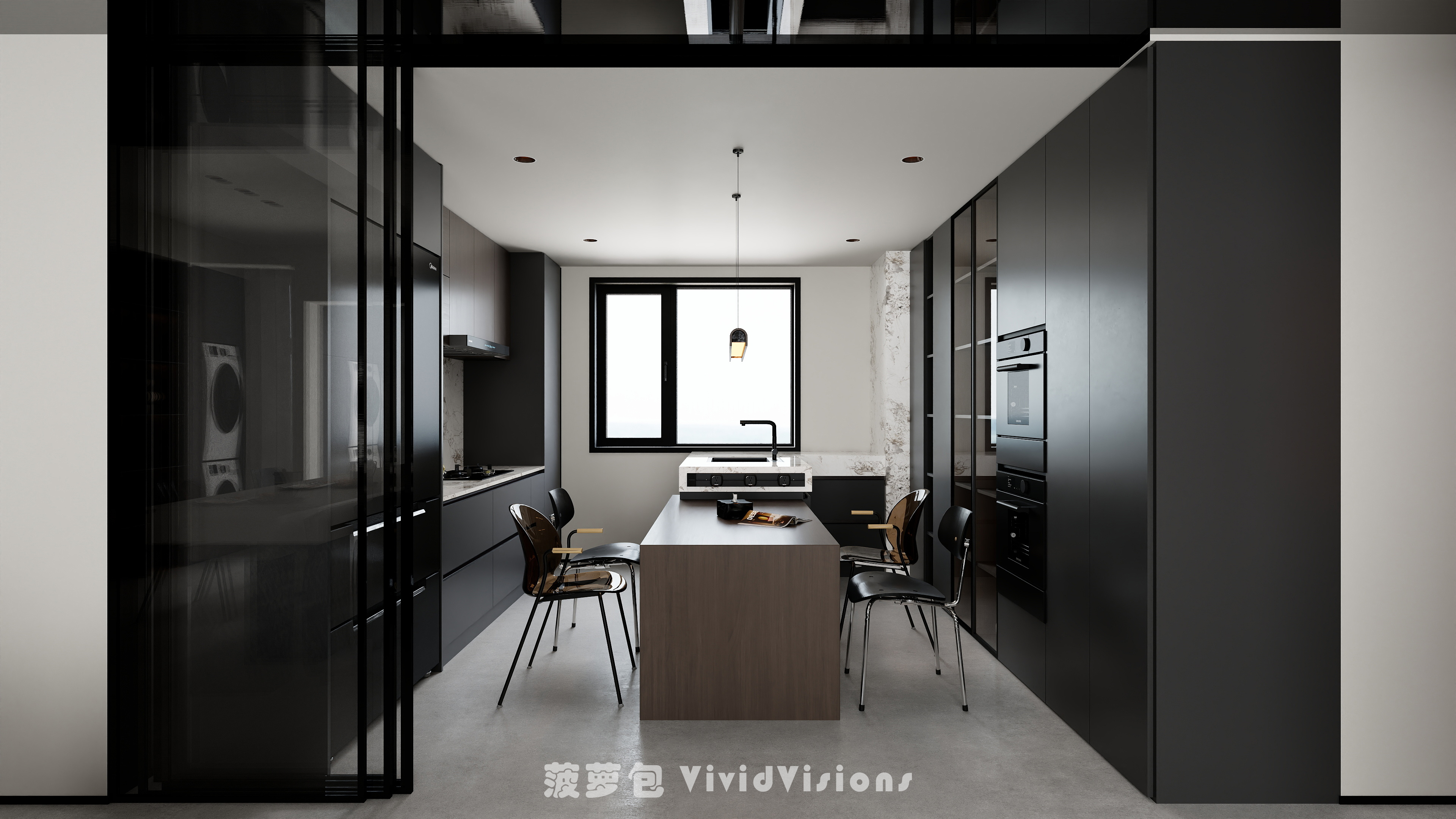 极简黑白客餐厅设计丨专业个人全职效果图代画-6