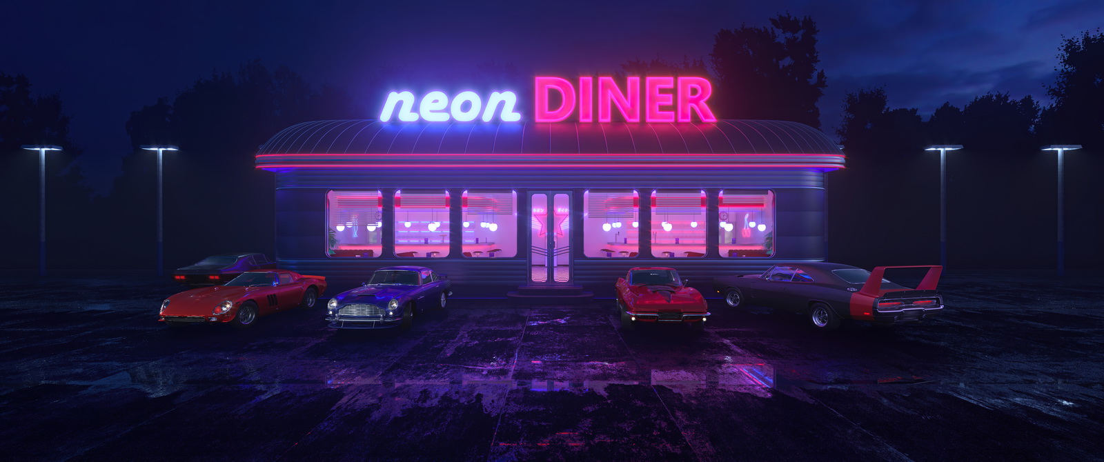 Retro diner interior with jukebox and arcade machine.-11