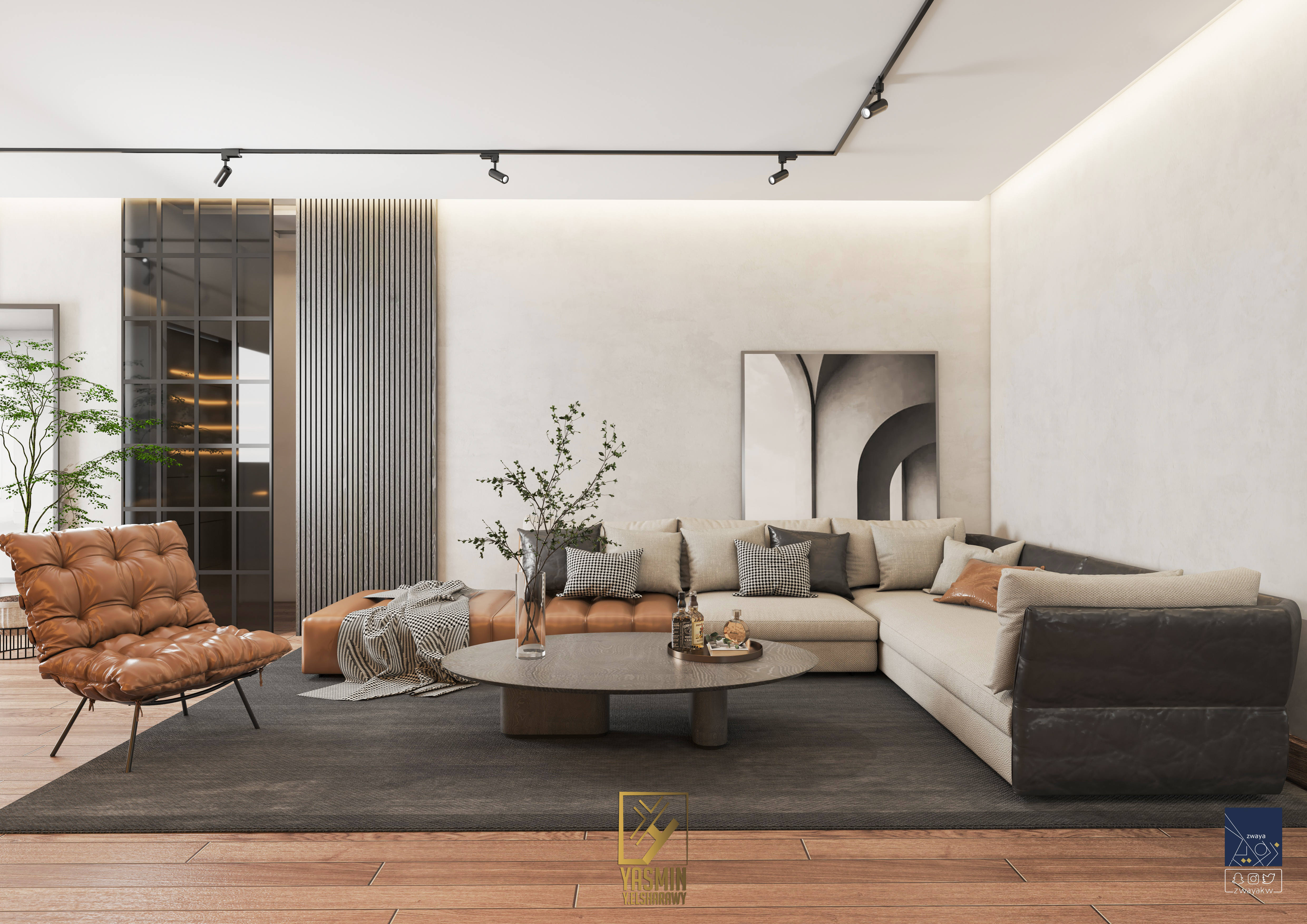 当代客厅与开放式厨房和餐厅设计丨yasminy.elsharawy-8