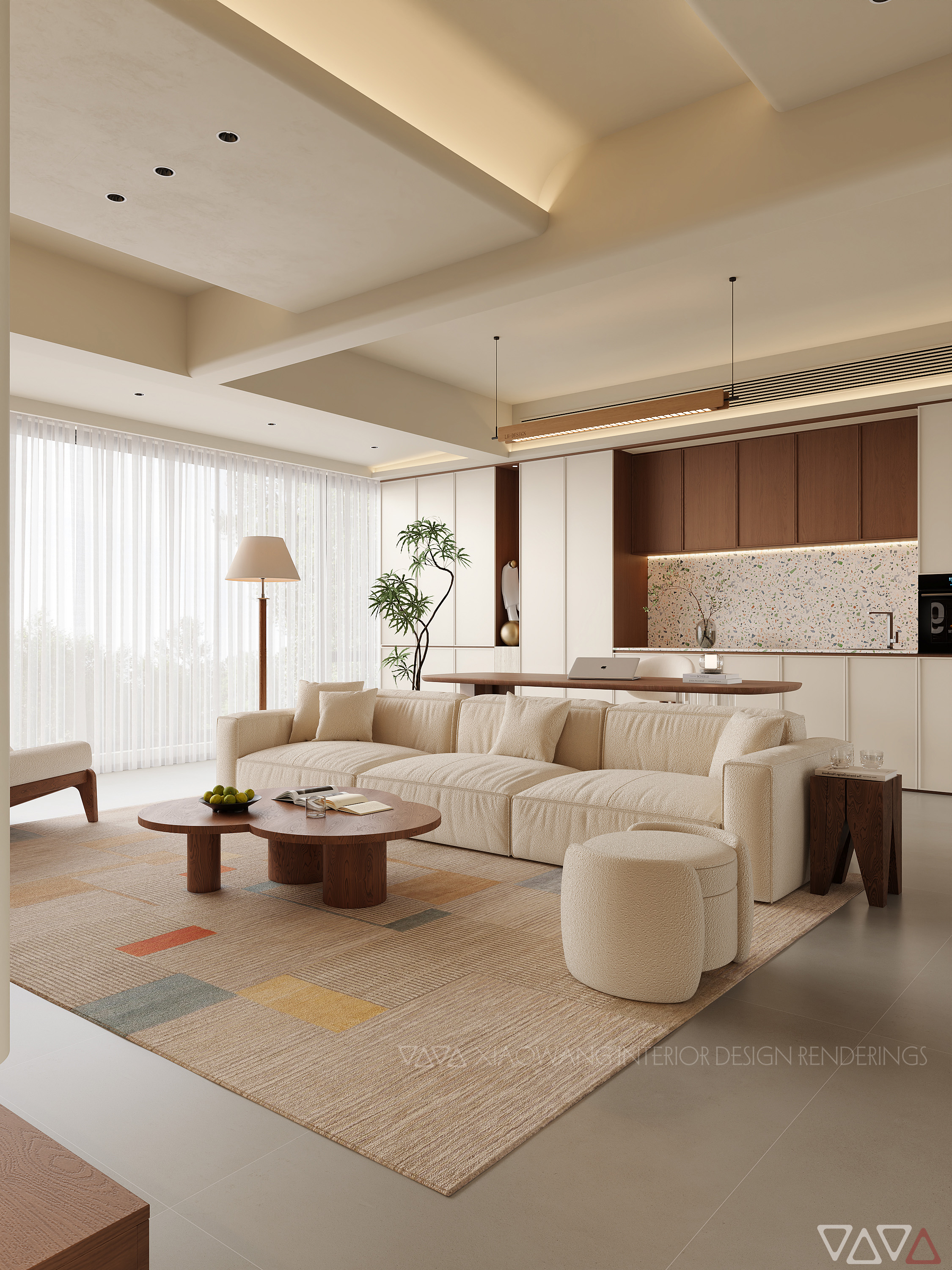 中古奶油风客餐厅效果图-4