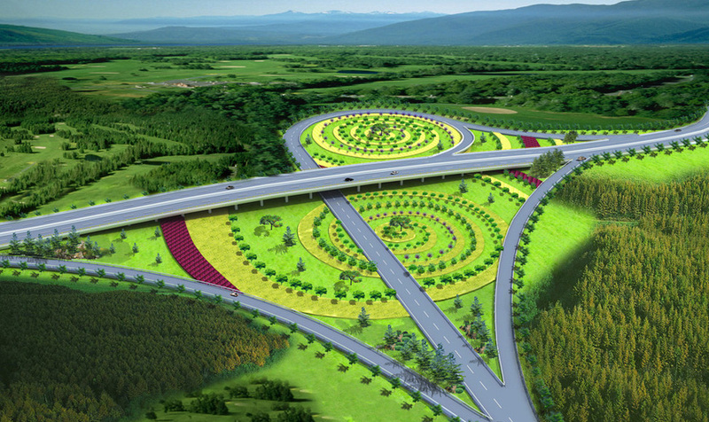 高架桥.立交桥景观绿化设计案例鸟瞰效果图-18