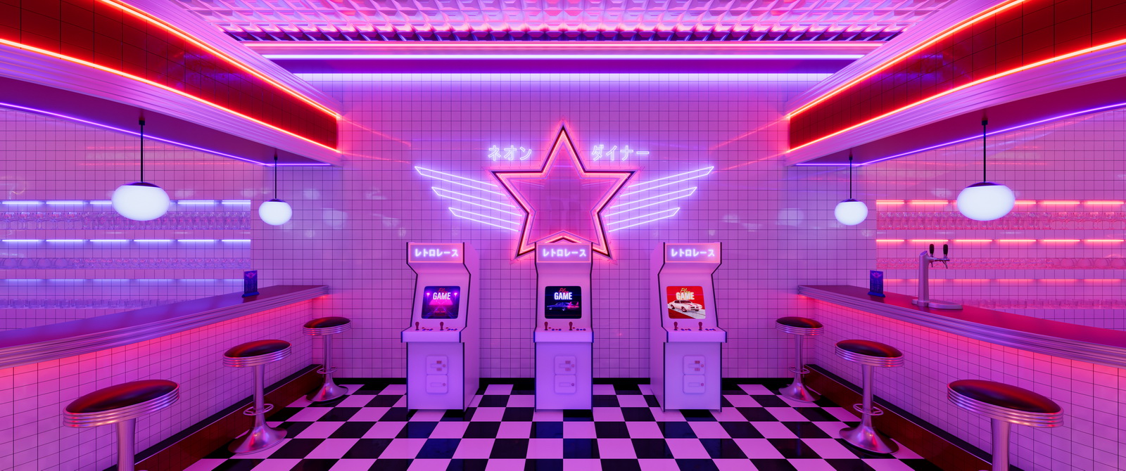 Retro diner interior with jukebox and arcade machine.-3