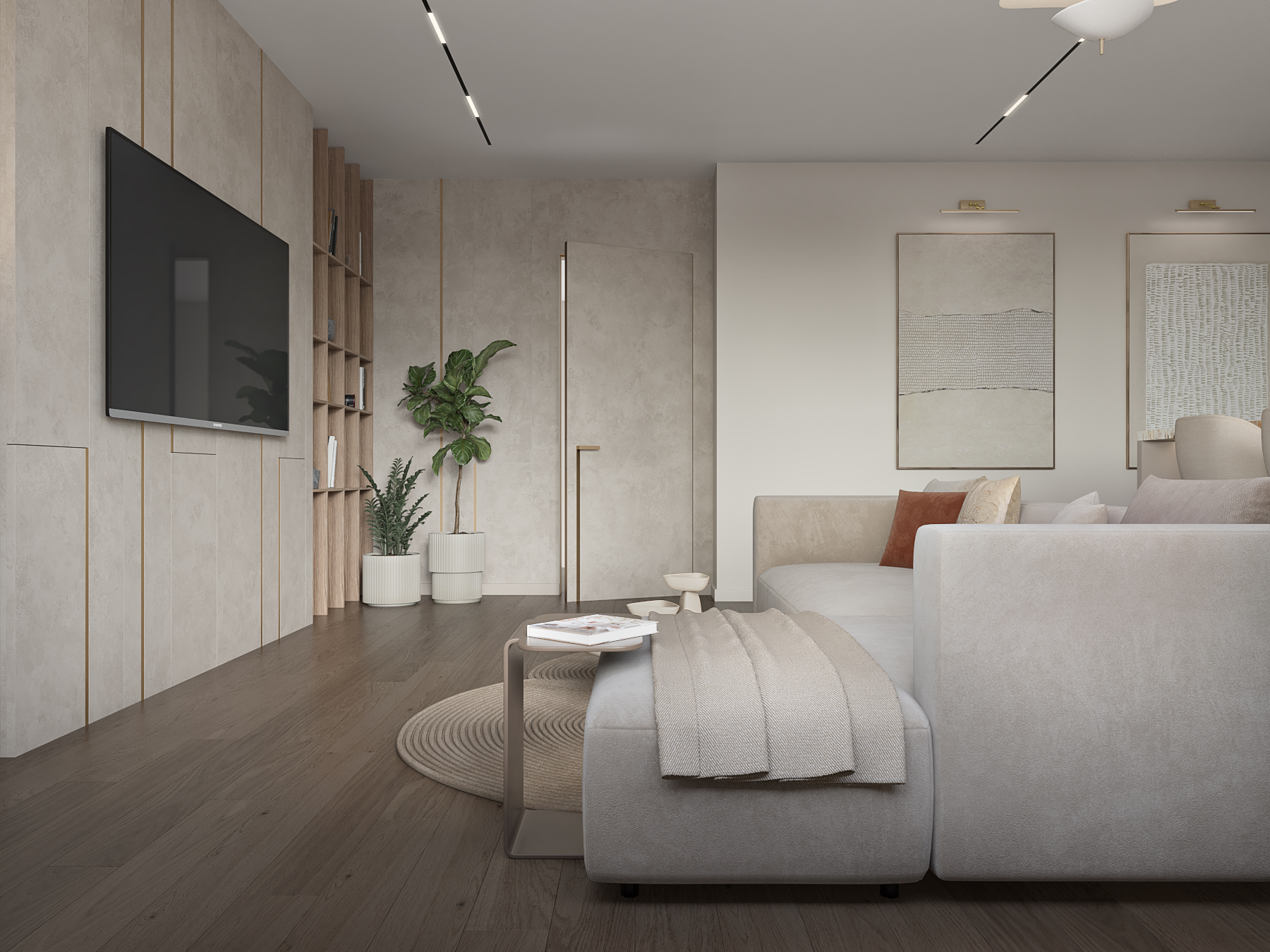 Гостиная-кухня в теплых оттенках-5