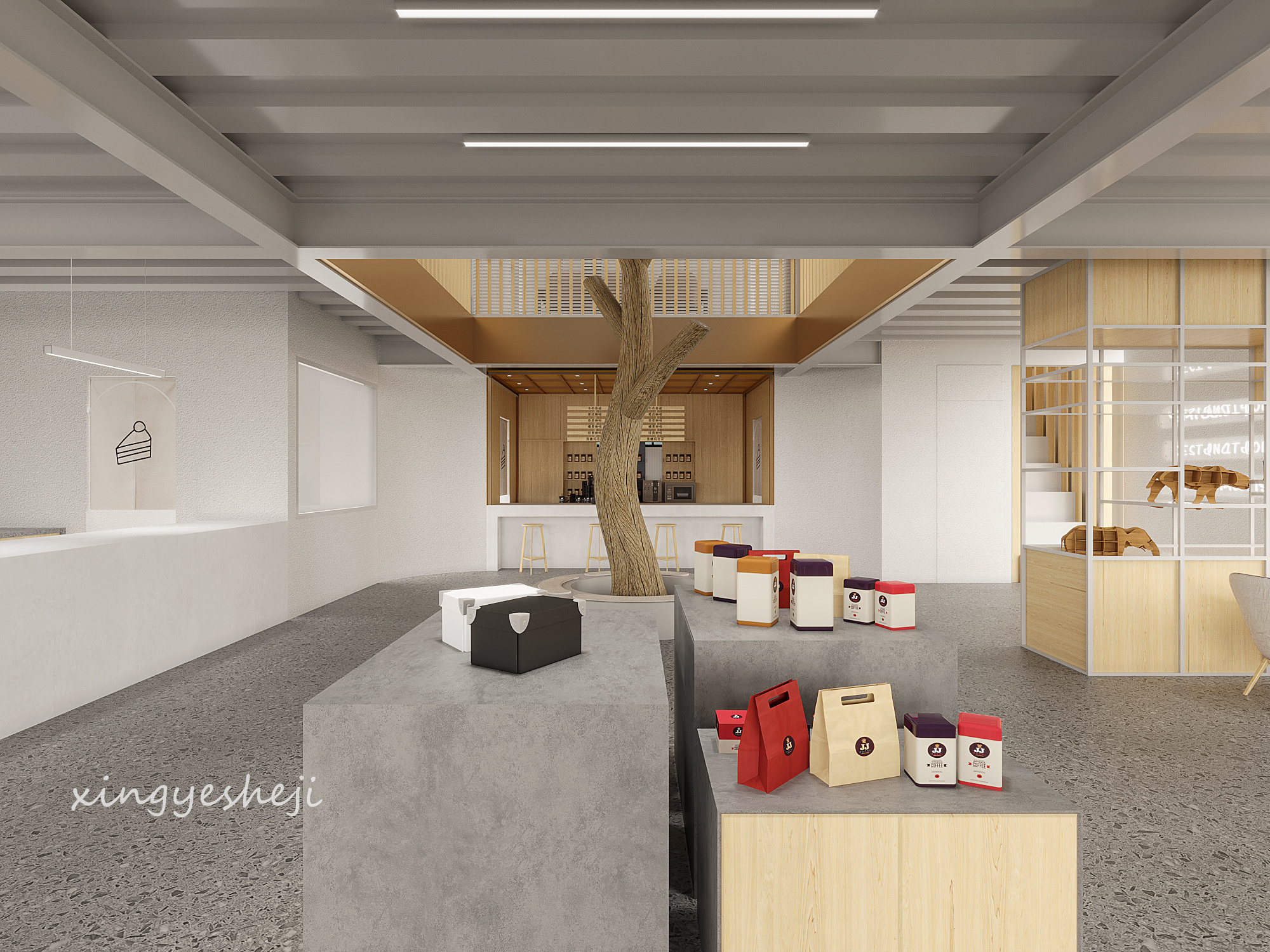 工业极简与原木现代风的咖啡馆-9