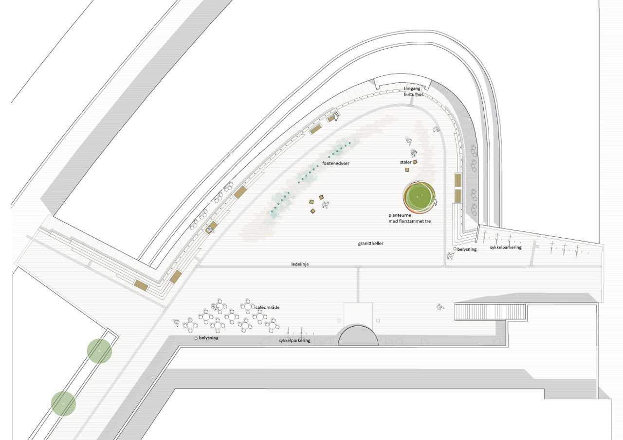 挪威 Lørenskog 中心广场 | 石材与绿植的和谐搭配-4