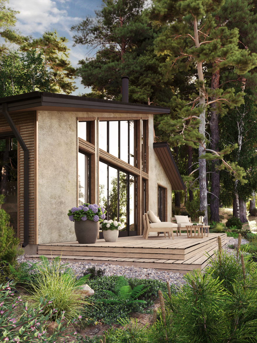 Forest House with Terrace and Pond-6