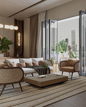 Modern organic bedroom design with Rattan touch