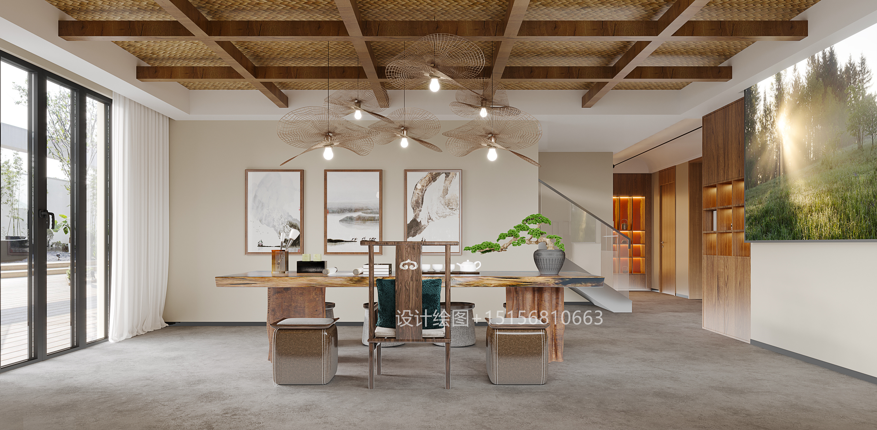 关于民宿的效果图 客房茶室大厅-1