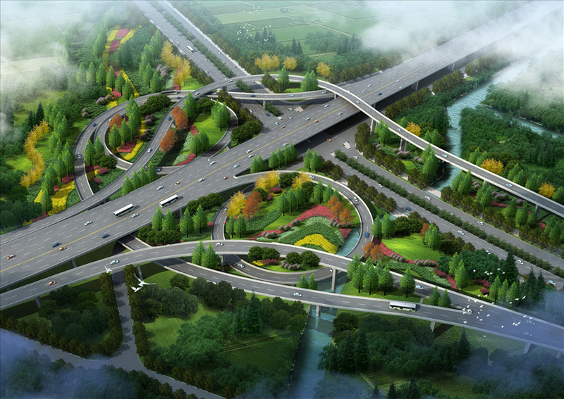 高架桥.立交桥景观绿化设计案例鸟瞰效果图-15