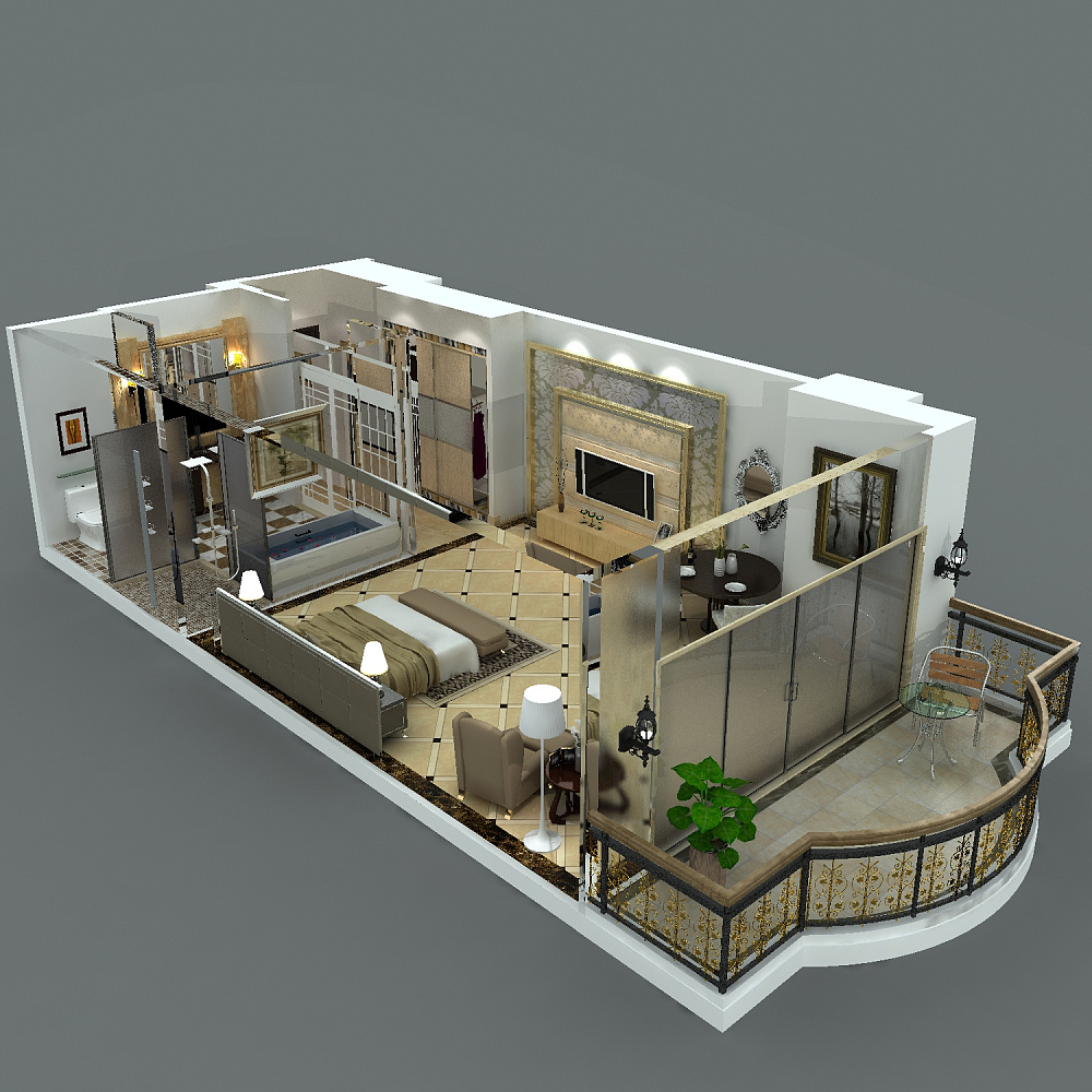 3D鸟瞰立体布置图 小度假公寓案例-3
