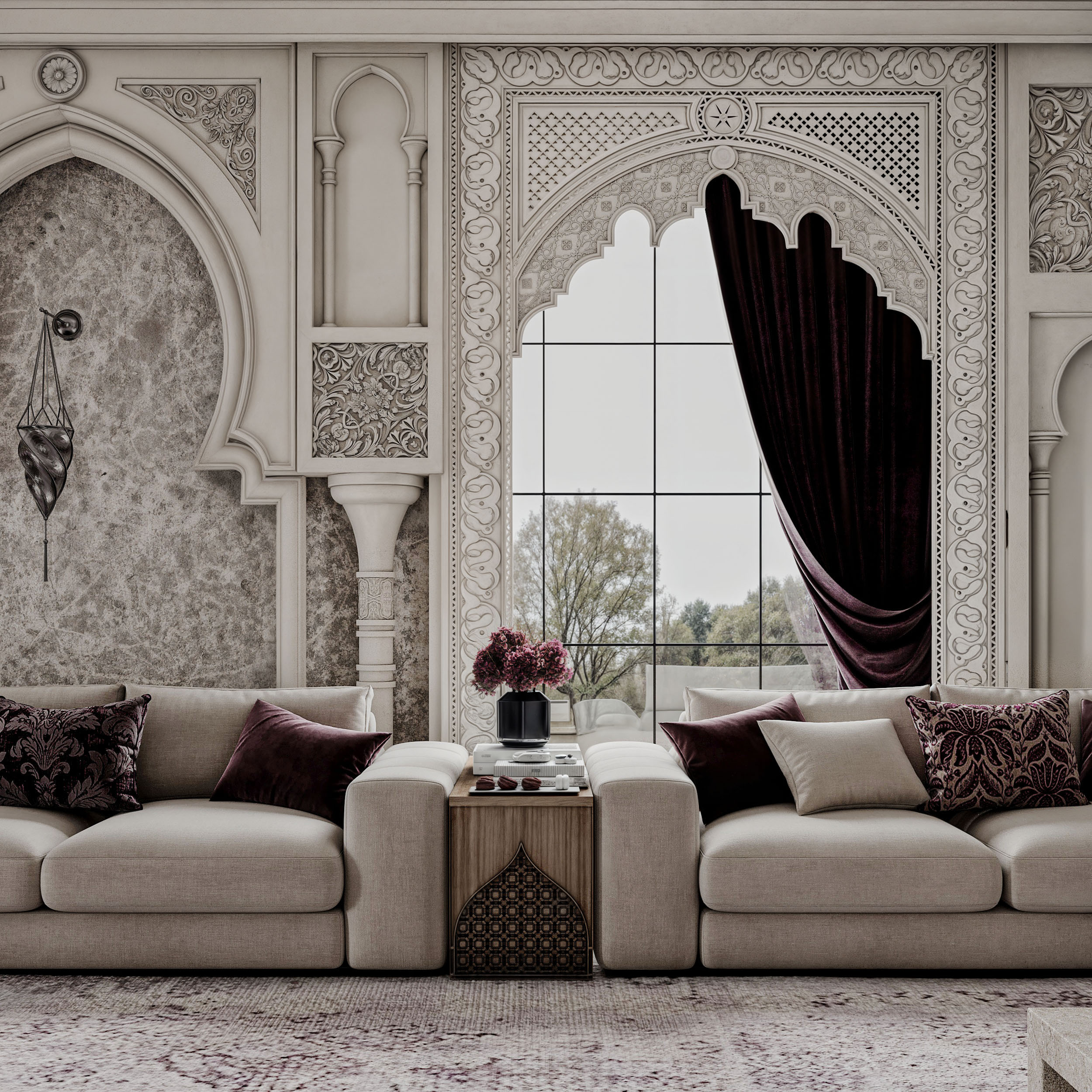 奢华的摩洛哥女性会客室

注：majlis常见释义为会客室；会议室 ，结合语境这里理解为女性会客室；Lu·urious可能是Luxurious拼写错误，按奢华的来翻译 丨OM STUDIO-7