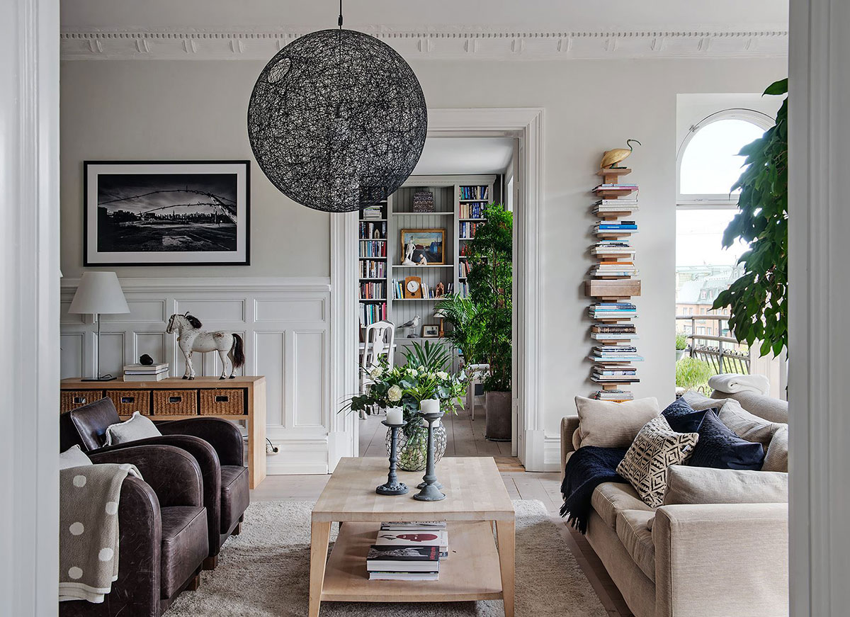 宽敞的厨房和餐厅里的图书馆：瑞典的大公寓-1