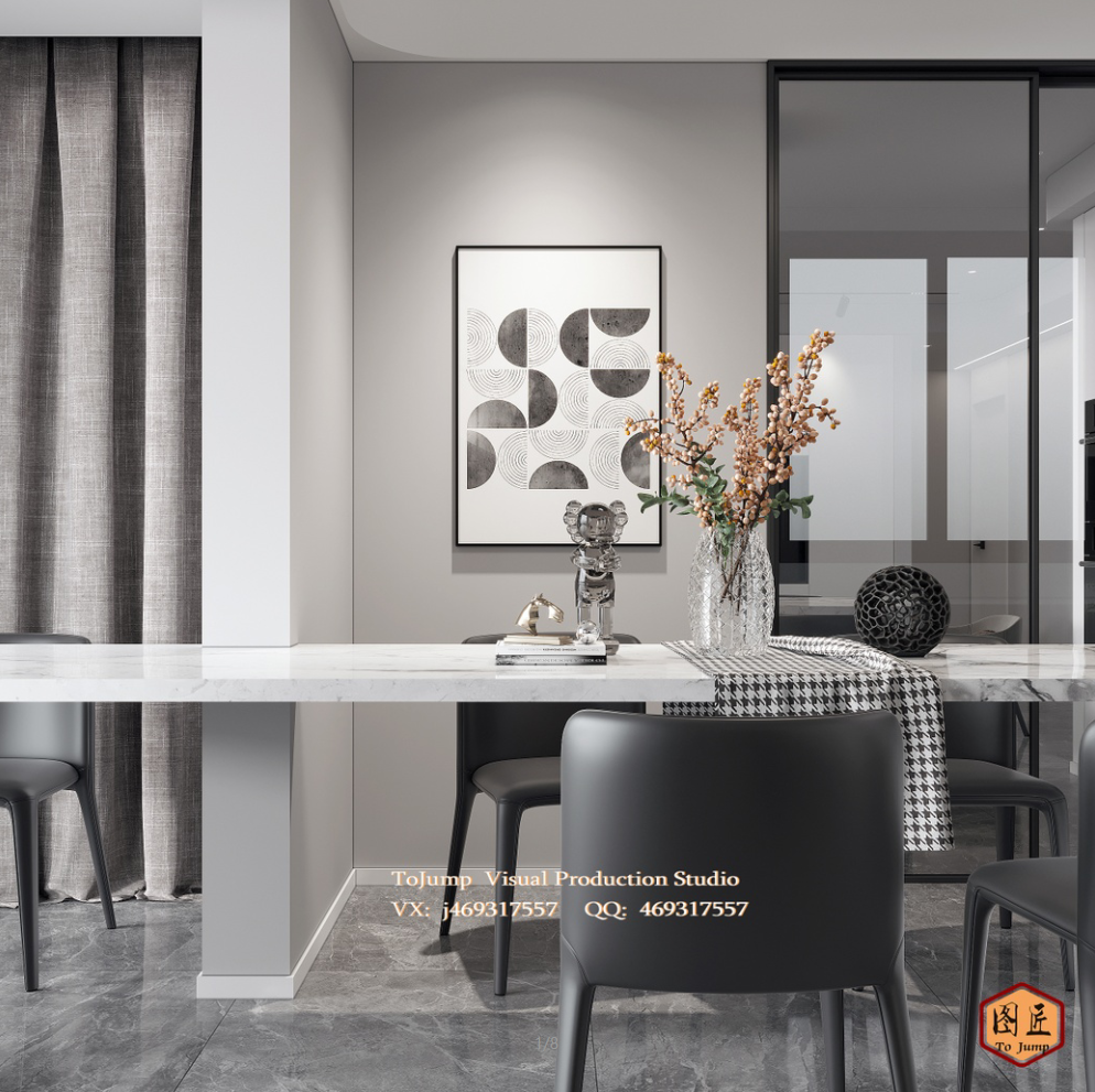 现代极简客餐厅黑白灰实效效果图-9