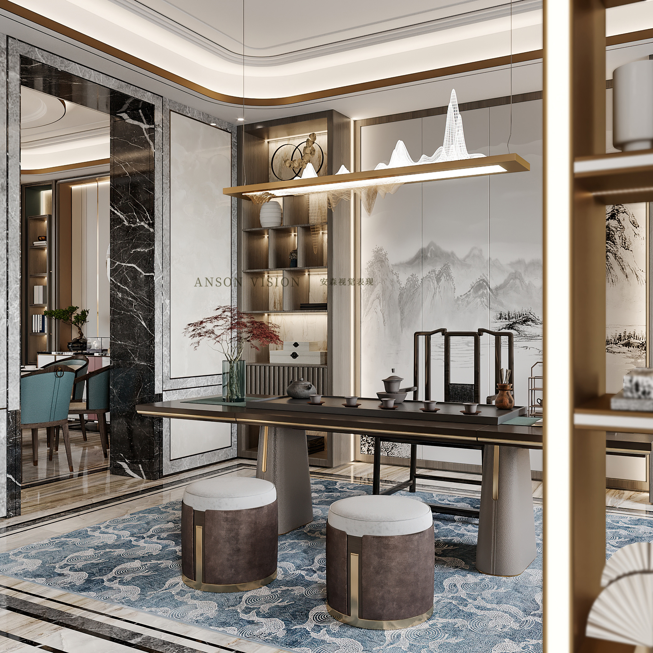 韵味·新中式别墅效果图丨Ansonvision·蒙头睡-11