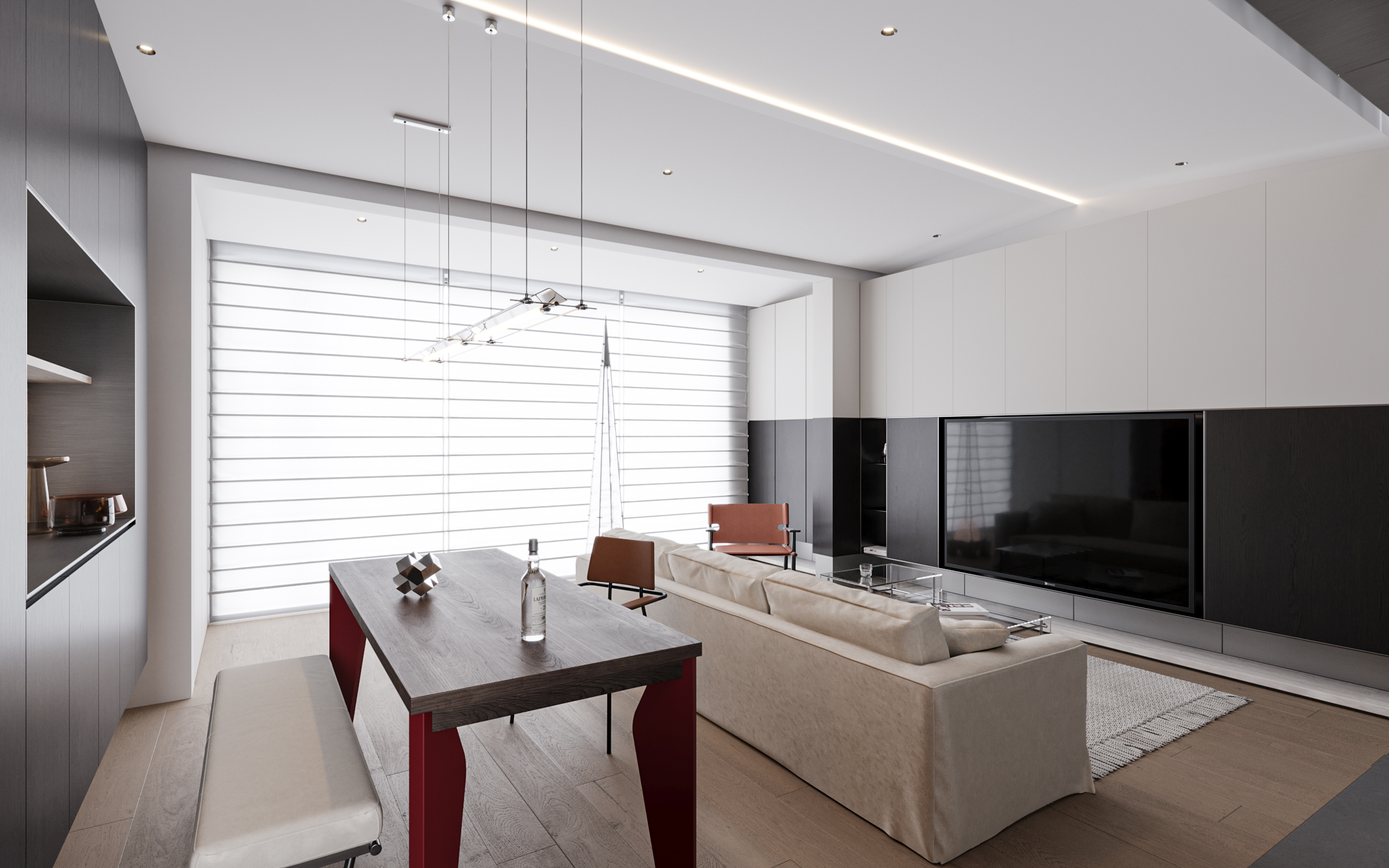 现代风格大横厅客餐厅效果图案例丨冈舍效果图表现-6